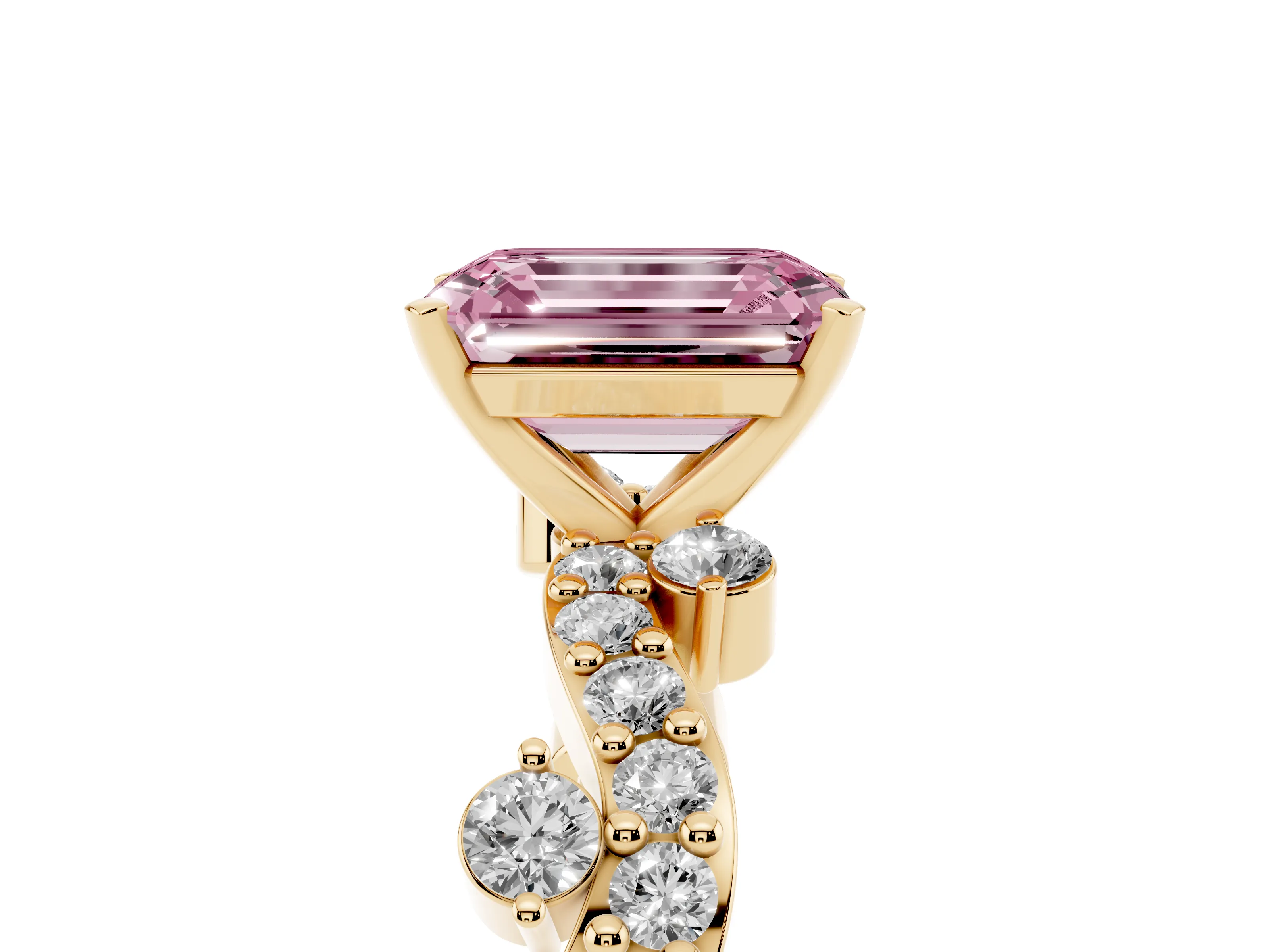 Fancy Pink Emerald Cut Diamond Solitaire Twisted Band Set in Yellow gold with Pavé Setting