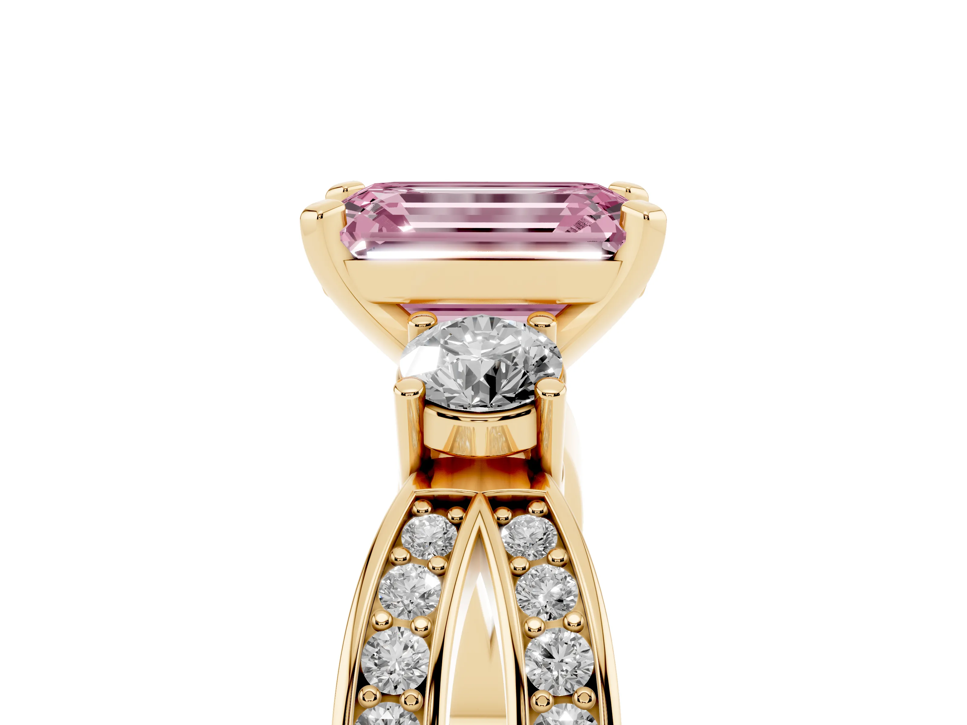 Fancy Pink Three-Stone Emerald Cut Diamond Twist Band Ring Set in Yellow gold with Pavé Accents and Prong Setting
