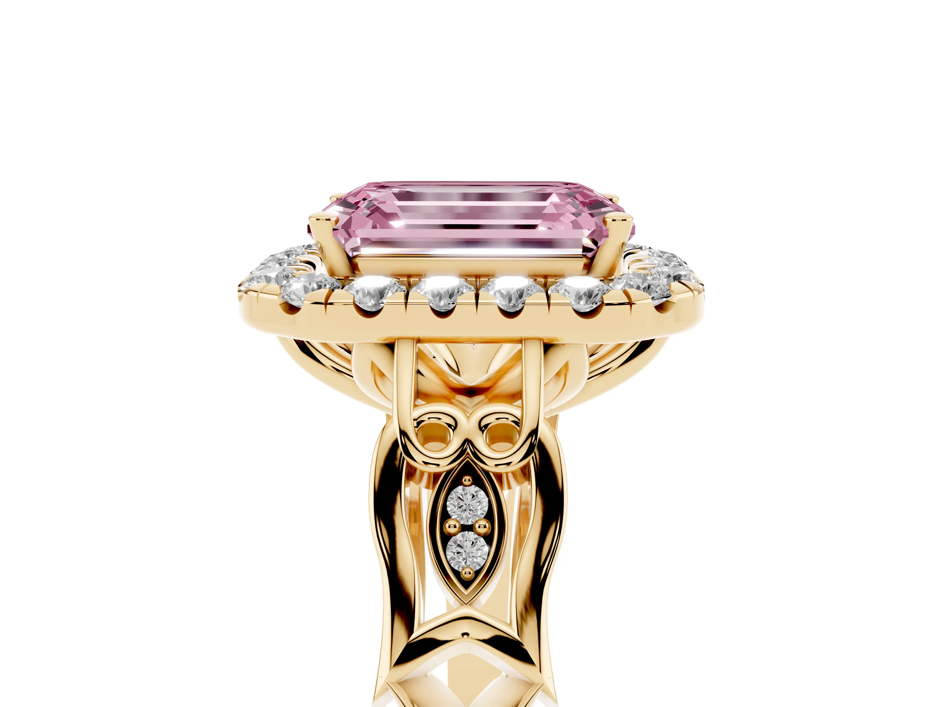 Fancy Pink Emerald Cut Diamond Halo Engagement Ring Set in Yellow gold with Filigree Band and Prong-Set Center