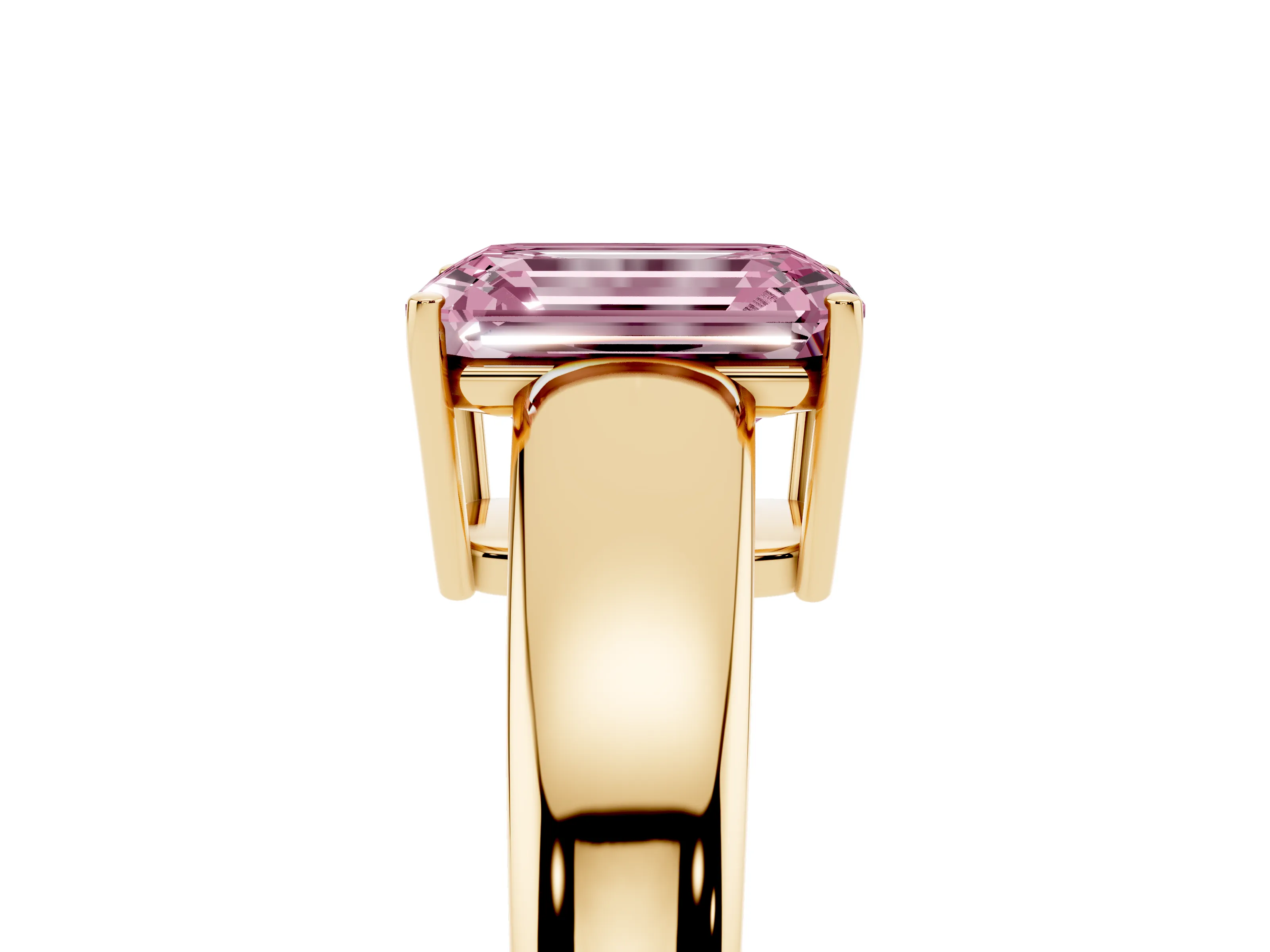 Fancy Pink Emerald Cut Diamond Solitaire Ring Set in Yellow gold with Tapered Band and Prong Setting