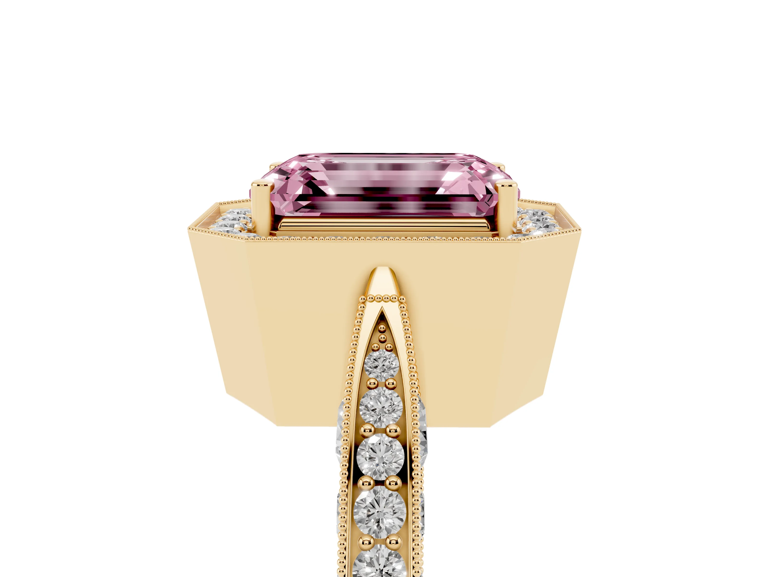 Fancy Pink Emerald Cut Diamond Halo Engagement Ring Set in Yellow gold with Accent Split Shank Band