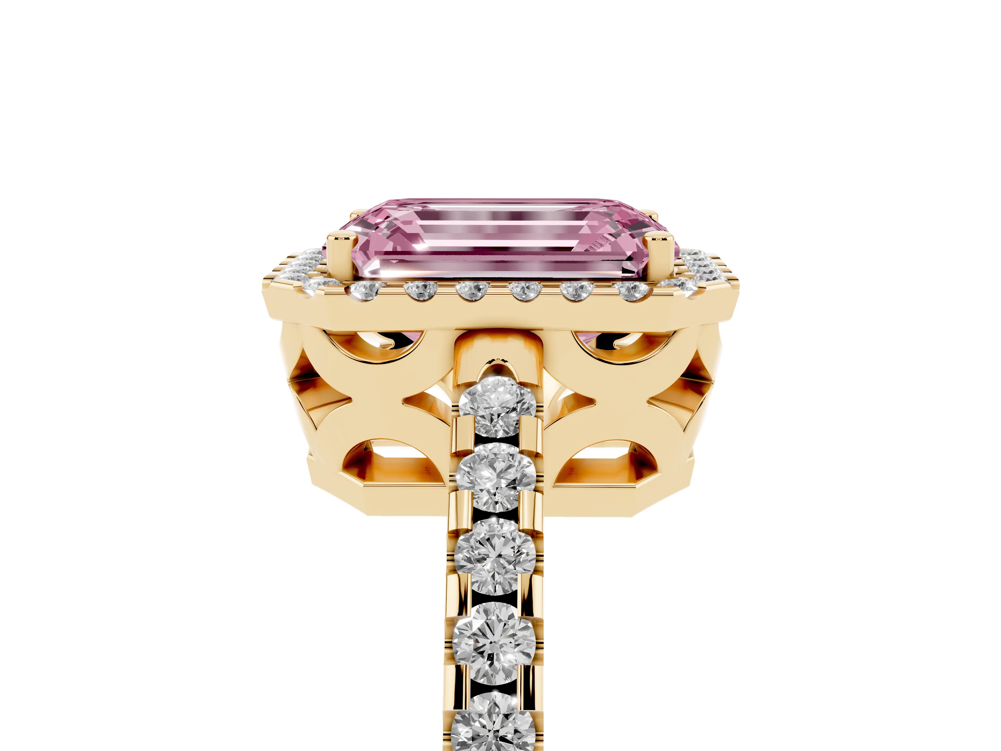 Fancy Pink Emerald Cut Diamond Halo Ring Set in Yellow gold with Pavé Shoulders and Halo-Framed Center