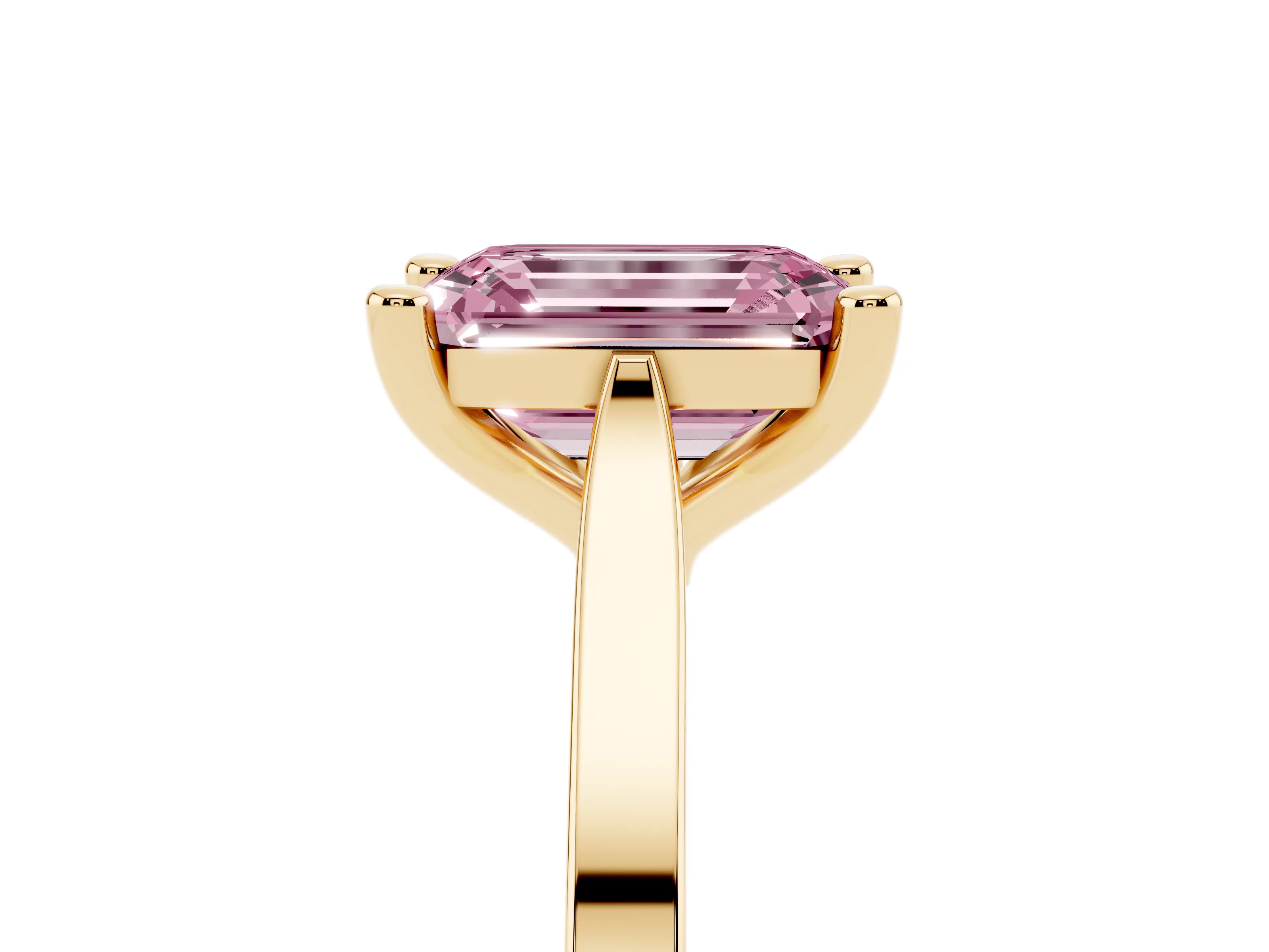 Fancy Pink Emerald Cut Diamond Solitaire Ring Set in Yellow gold with Prong Setting and Tapered Band