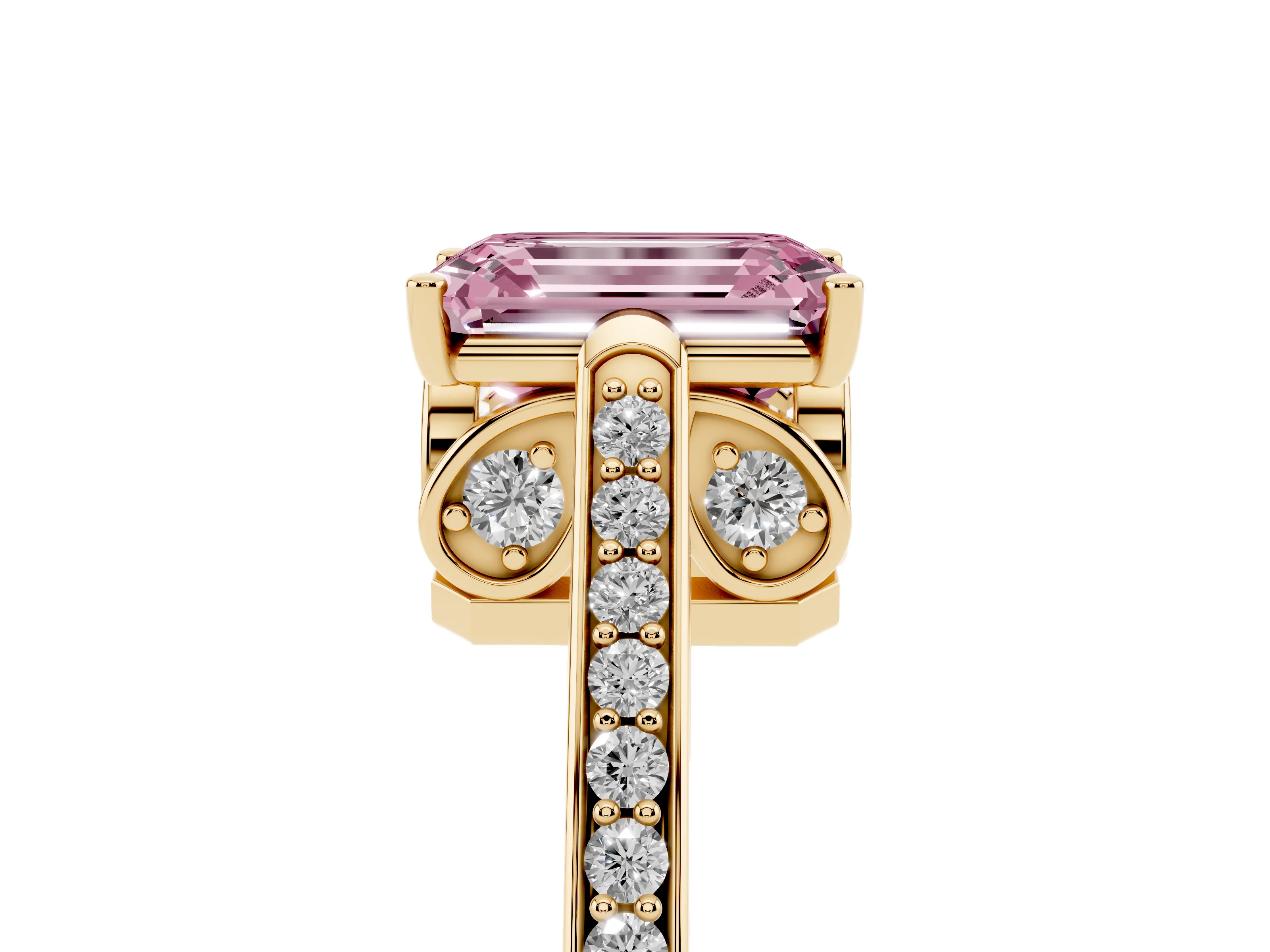 Fancy Pink Emerald Cut Diamond Cathedral Pavé Engagement Ring Set in Yellow gold with Prong Setting