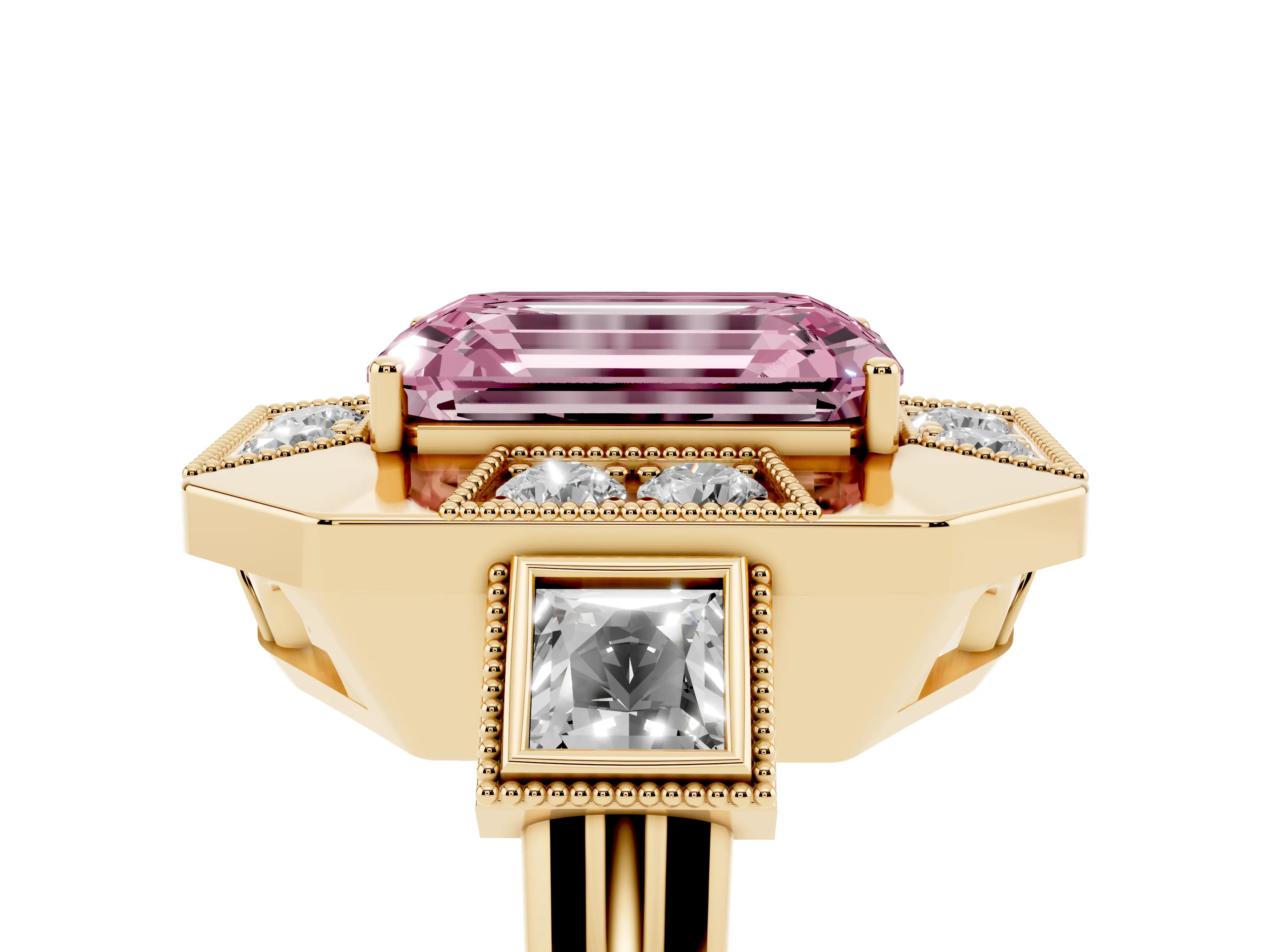 Fancy Pink Emerald Cut Diamond Milgrain Halo Ring Set in Yellow gold with Split Shank