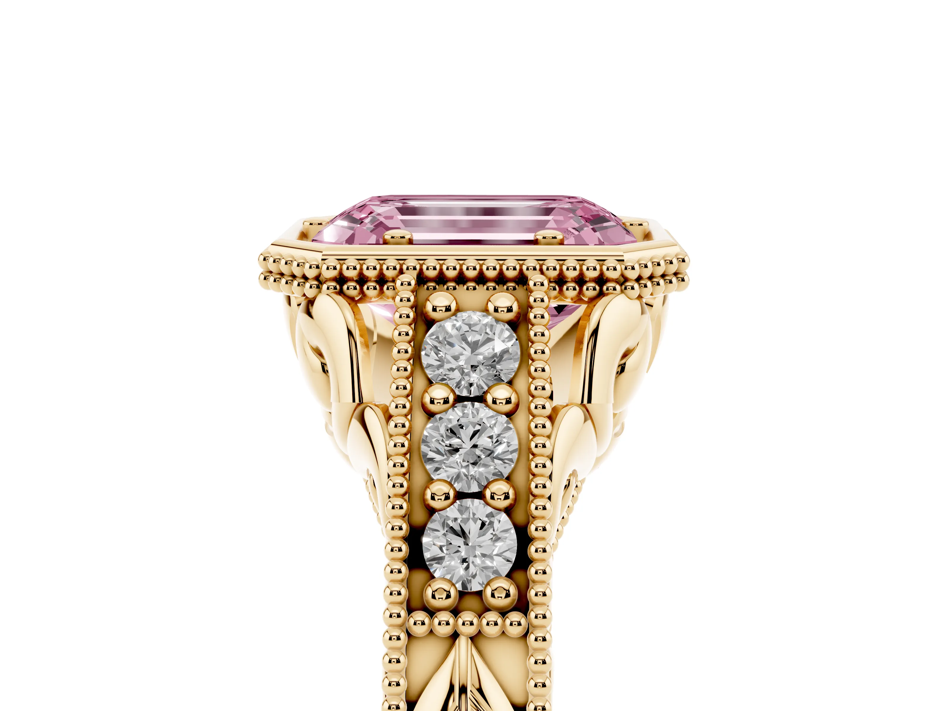 Fancy Pink Bezel Set Emerald Cut Diamond Milgrain Pavé Engagement Ring Set in Yellow gold