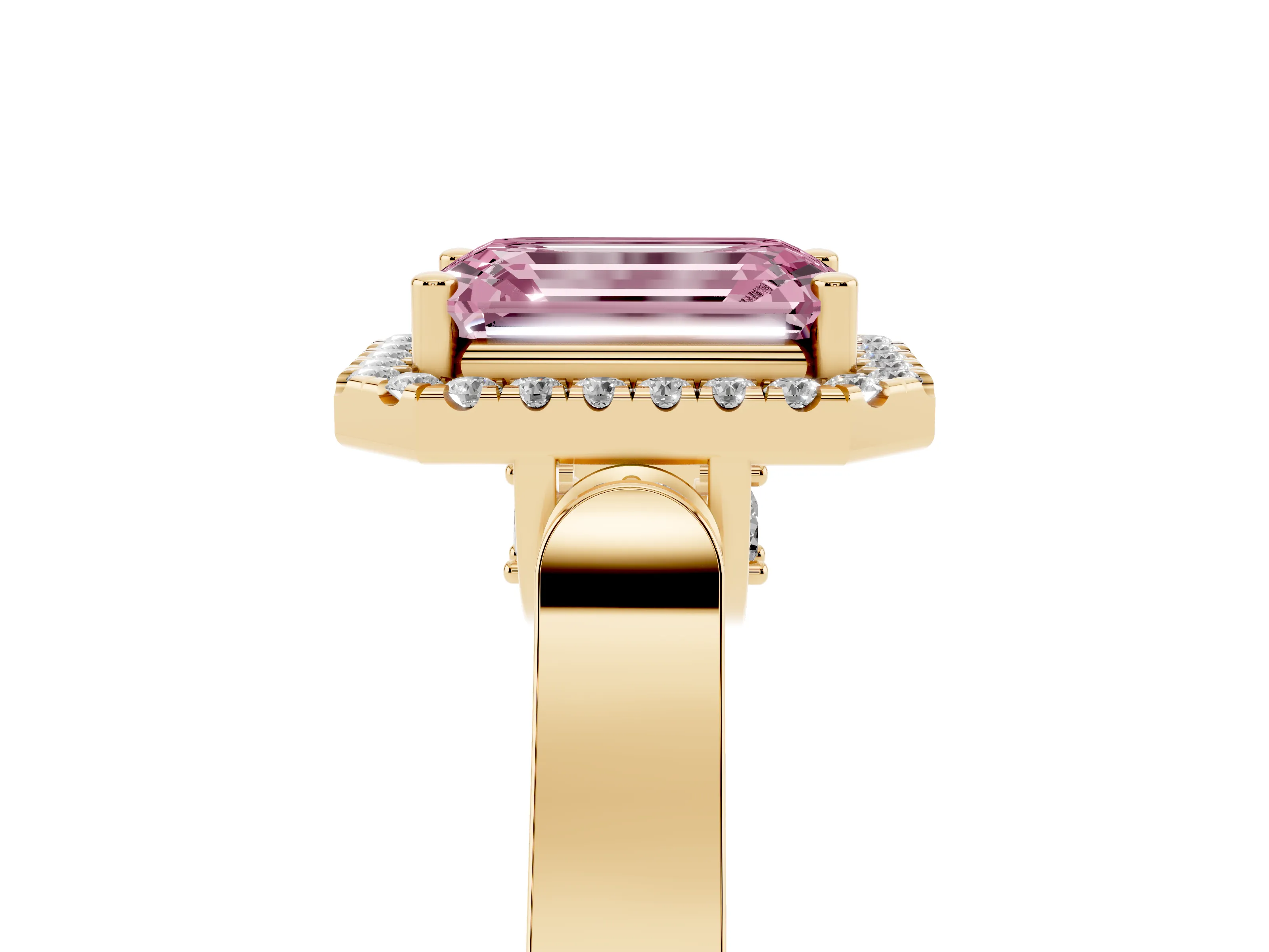 Fancy Pink Emerald Cut Diamond Halo Ring Set in Yellow gold with Pavé-Lined Split Shank Band