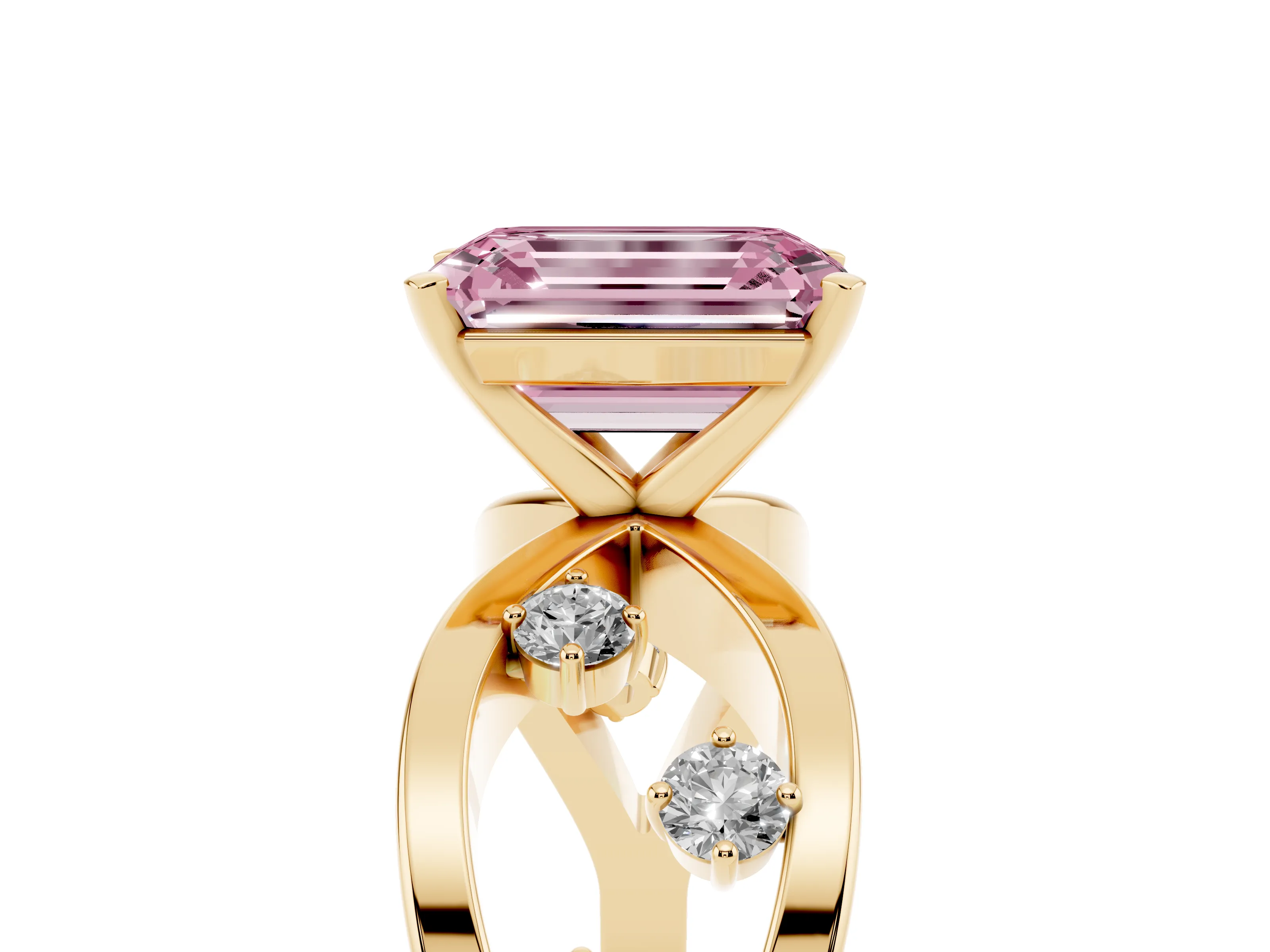 Fancy Pink Emerald Cut Diamond Solitaire Ring Set in Yellow gold with Side Stones on Criss-Cross Band and Prong Setting