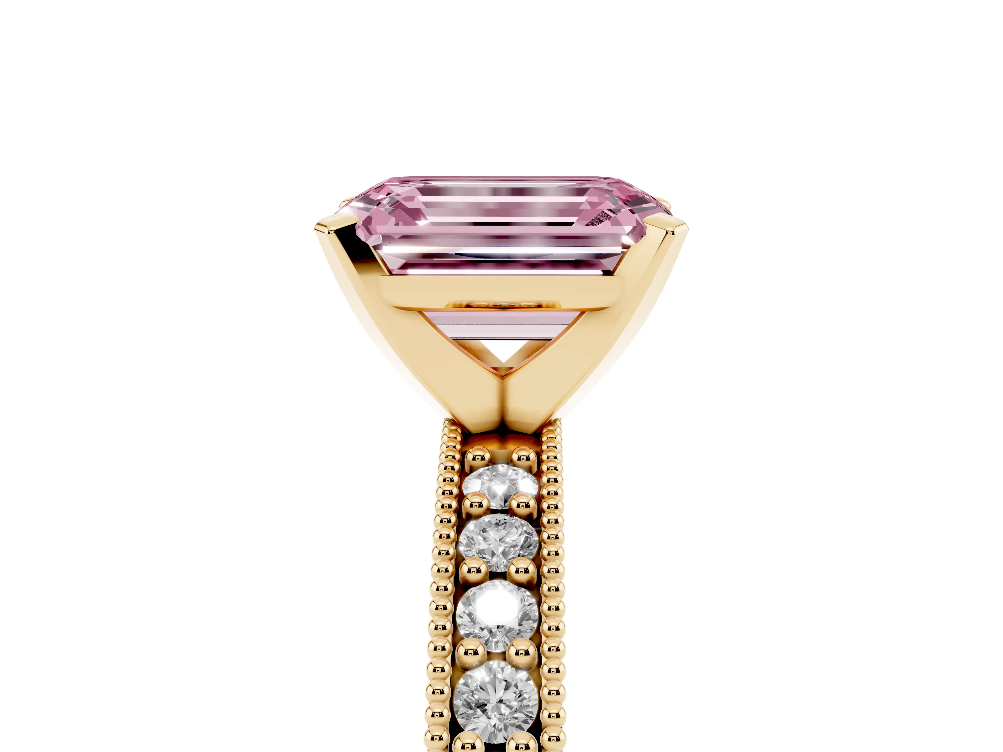 Fancy Pink Emerald Cut Diamond Milgrain Pavé Engagement Ring Set in Yellow gold with Prong Setting