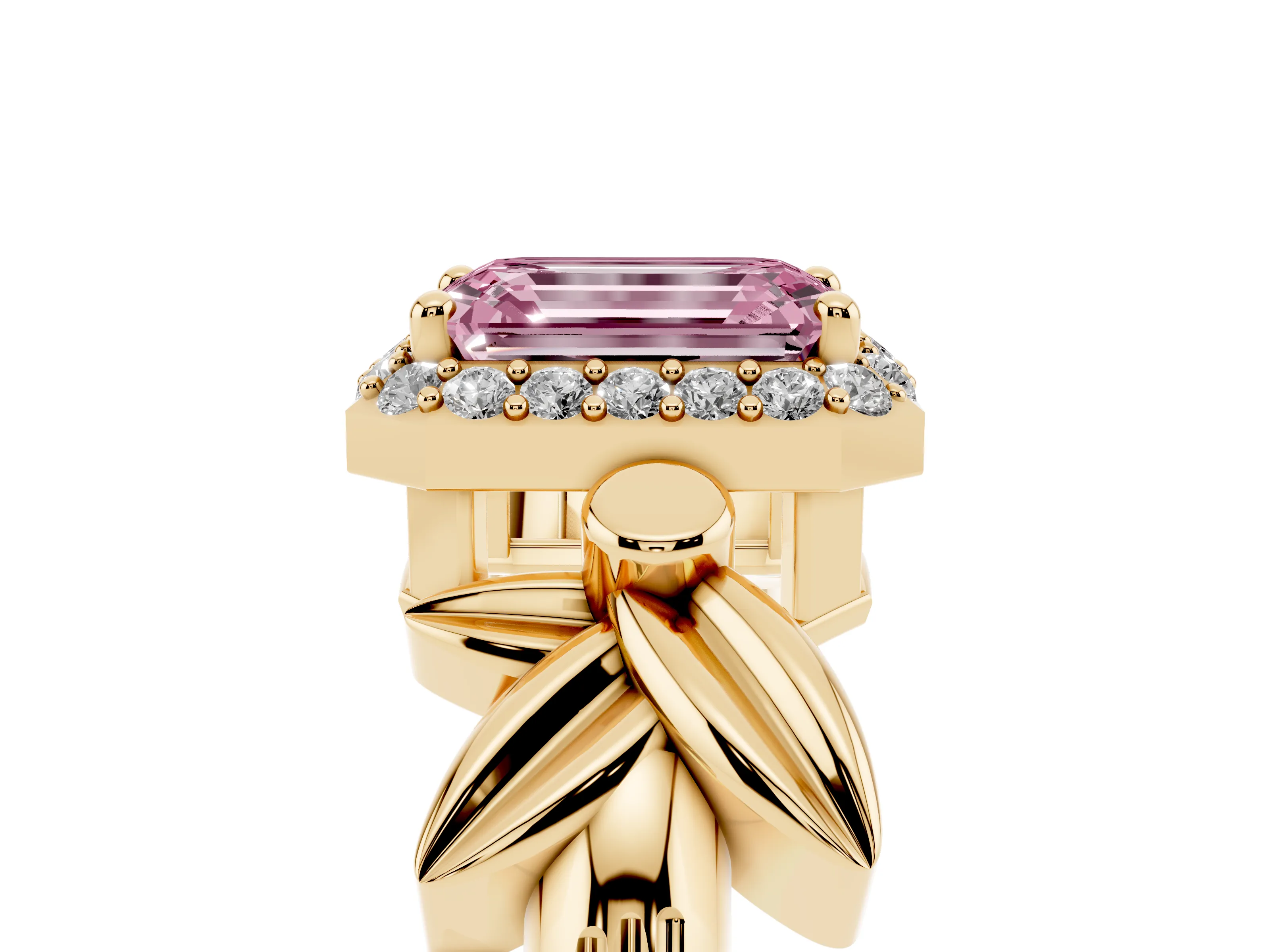 Fancy Pink Emerald Cut Diamond Halo Floral Band Ring Set in Yellow gold with Prong Setting