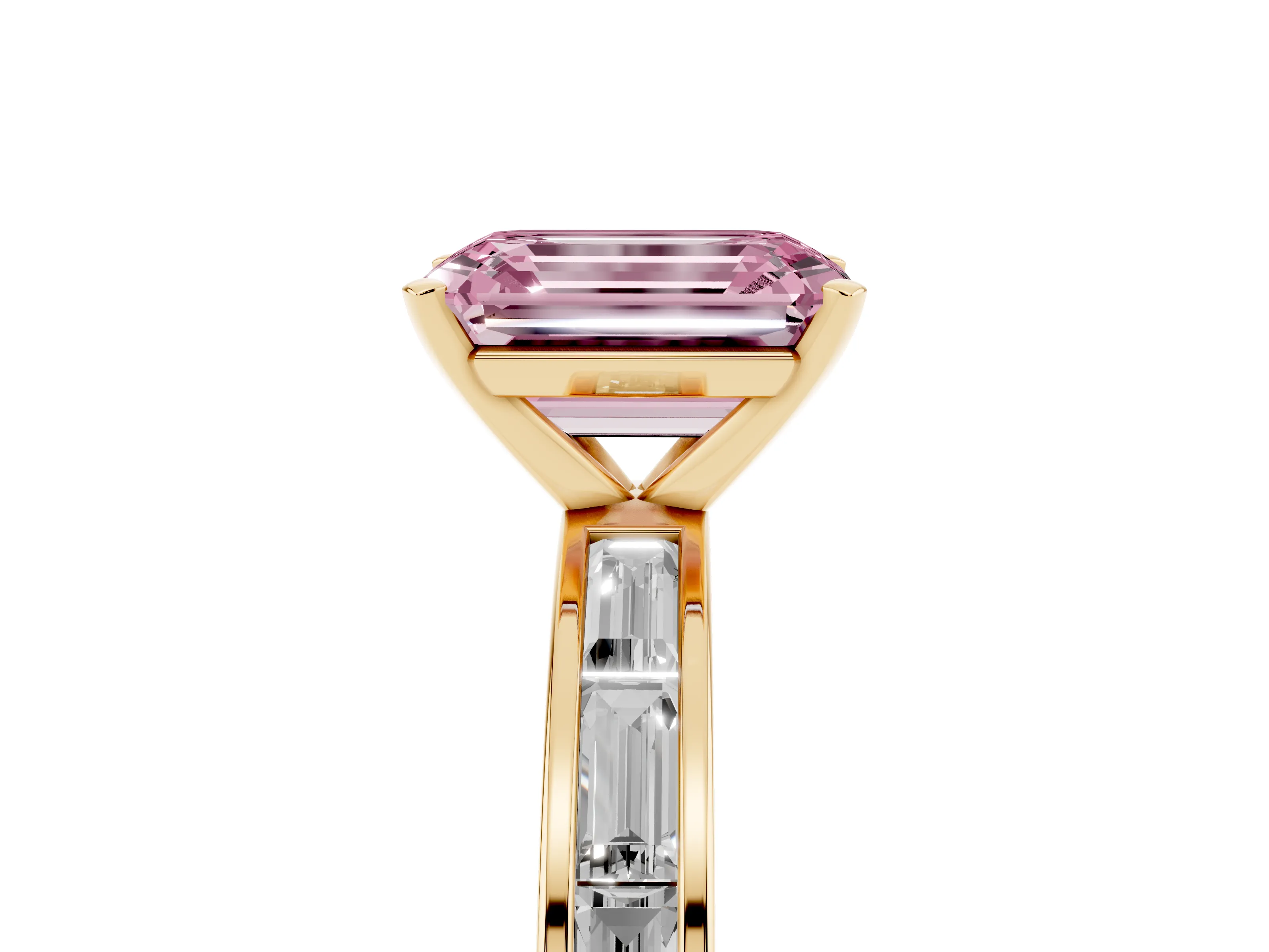 Fancy Pink Emerald Cut Diamond Solitaire Ring Set in Yellow gold with Channel-Set Baguette Band and Prong Setting