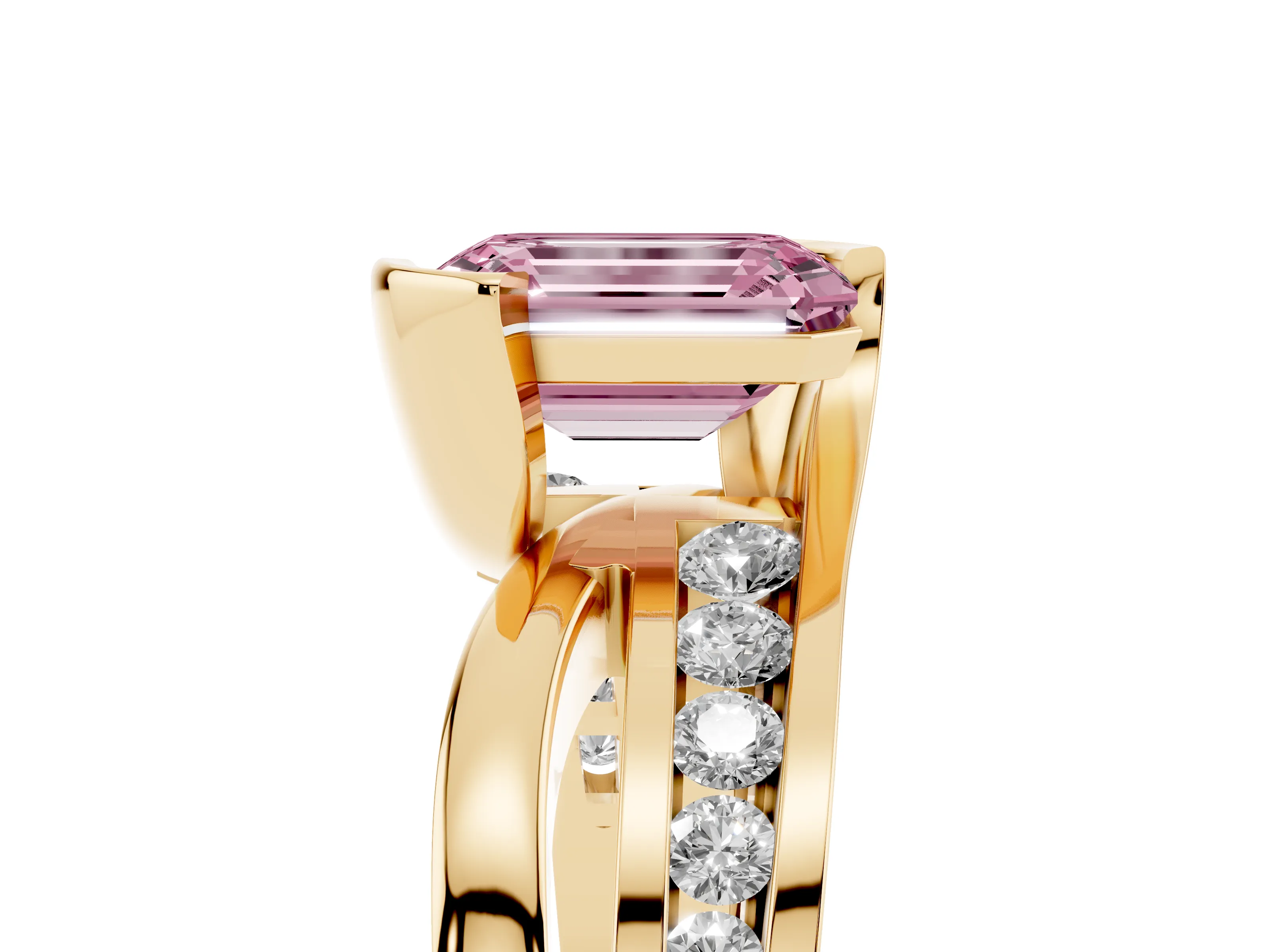 Fancy Pink Emerald Cut Diamond Solitaire Ring Set in Yellow gold with Channel Set Split Shank and Tension Prongs