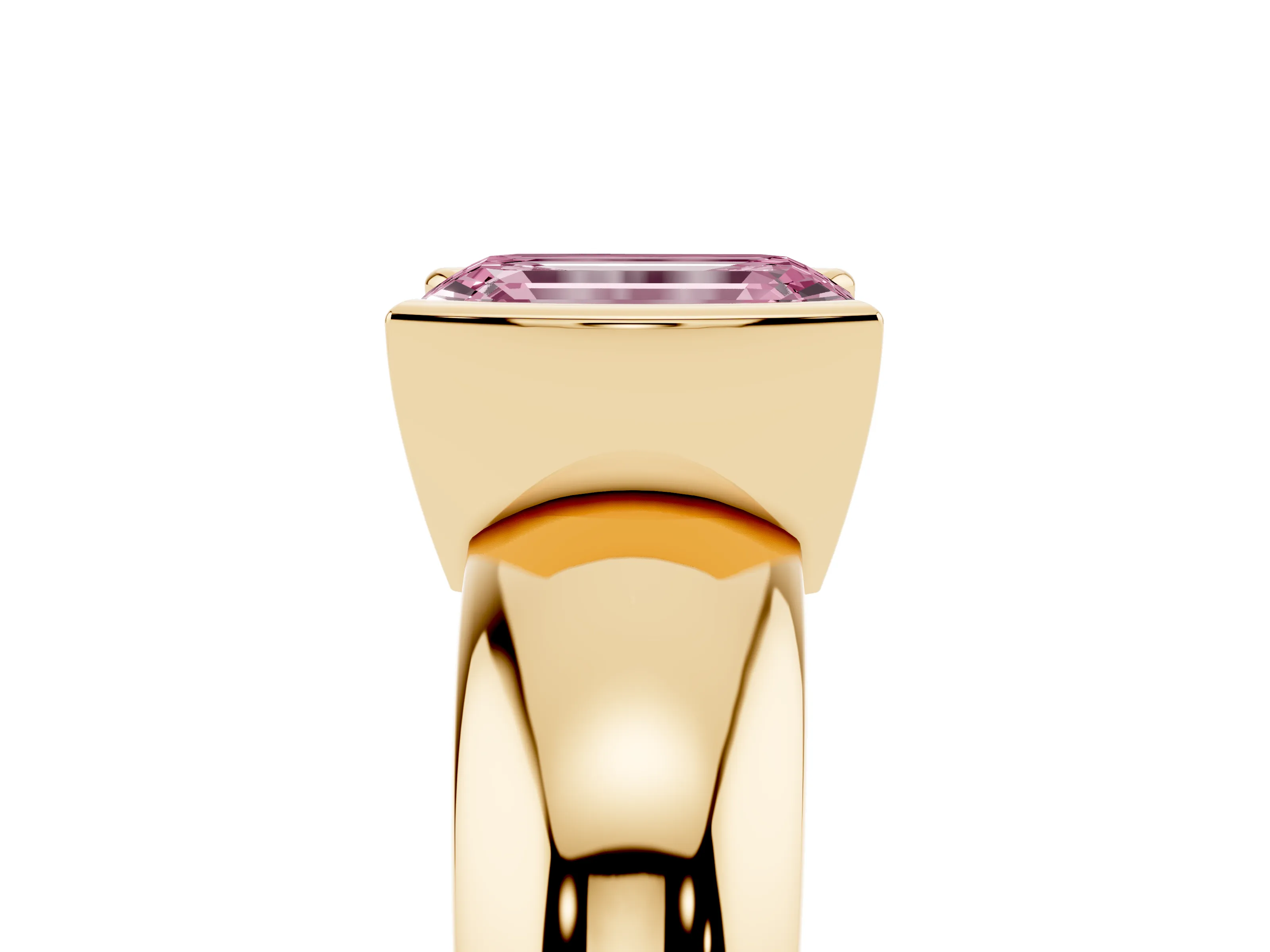 Fancy Pink Emerald Cut Diamond Solitaire Tension Set Ring Set in Yellow gold with Wide Band