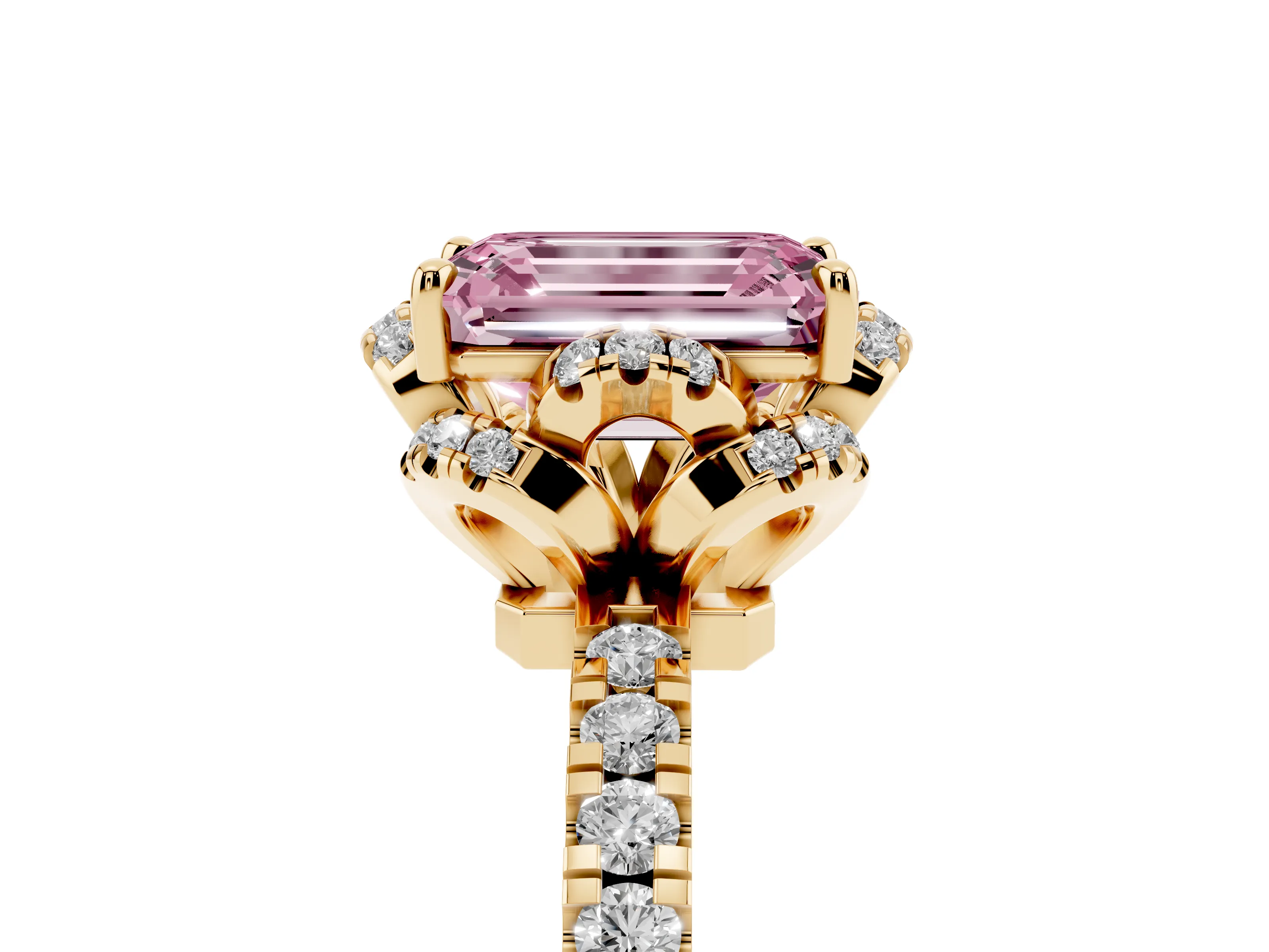 Fancy Pink Emerald Cut Diamond Halo Pavé Band Ring Set in Yellow gold with Prong-Held Center
