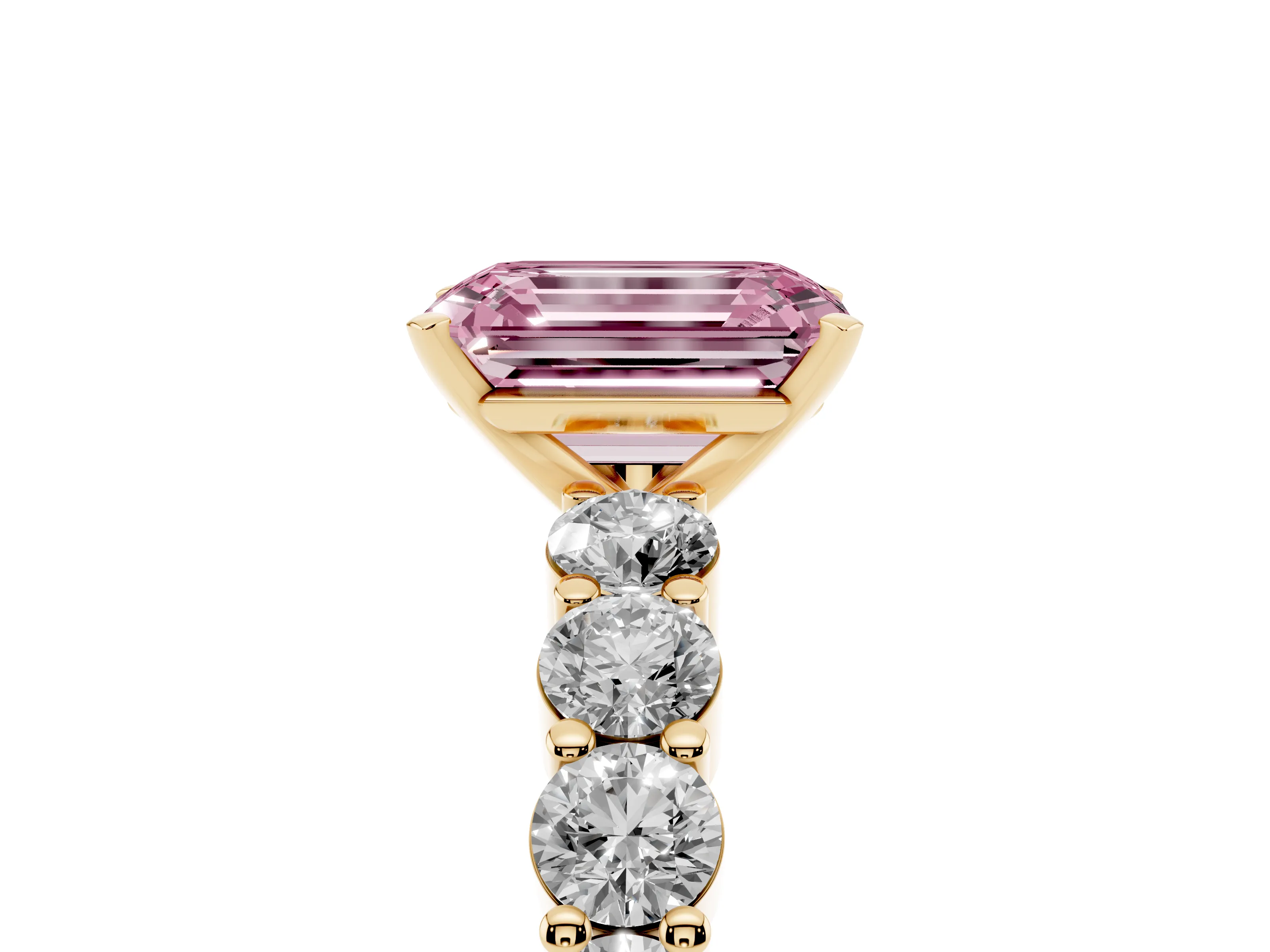 Fancy Pink Emerald Cut Diamond Solitaire Ring Set in Yellow gold with Shared Prong Round Side Stones