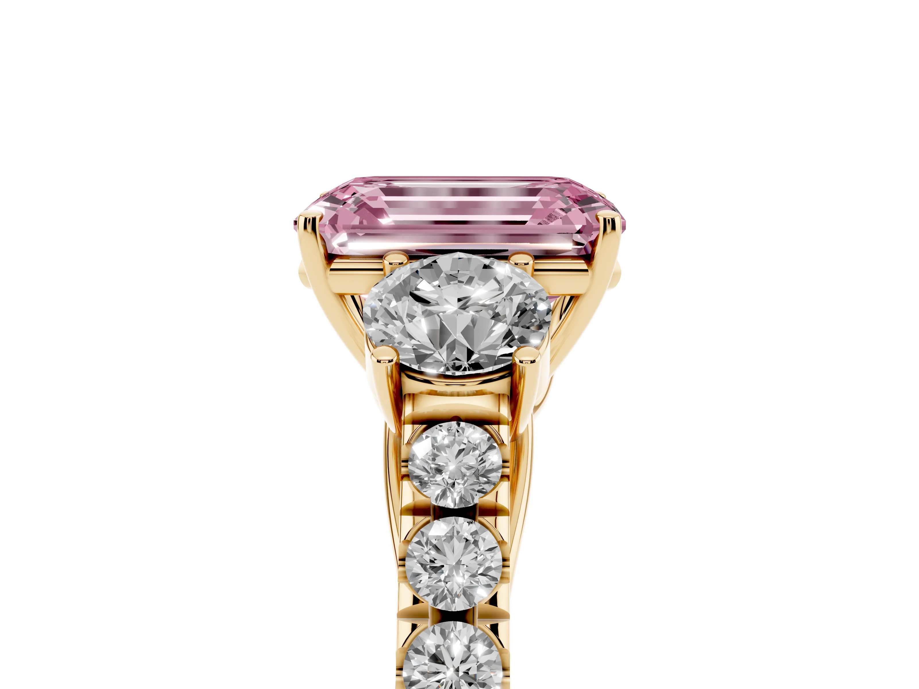 Fancy Pink Emerald Cut Diamond Three-Stone Ring Set in Yellow gold with Round Side Stones and Delicate Pavé Band