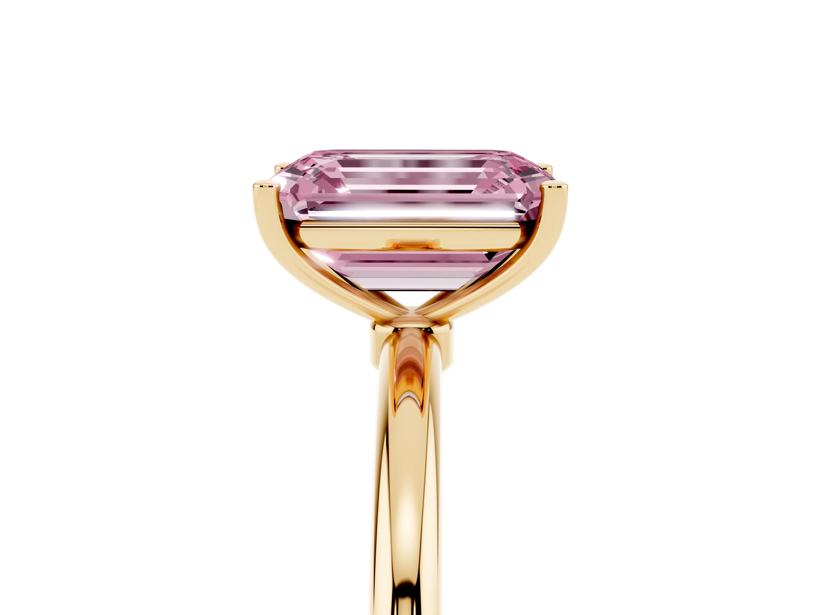 Fancy Pink Emerald Cut Diamond Solitaire Engagement Ring Set in Yellow gold with Thin Band and Prong Setting