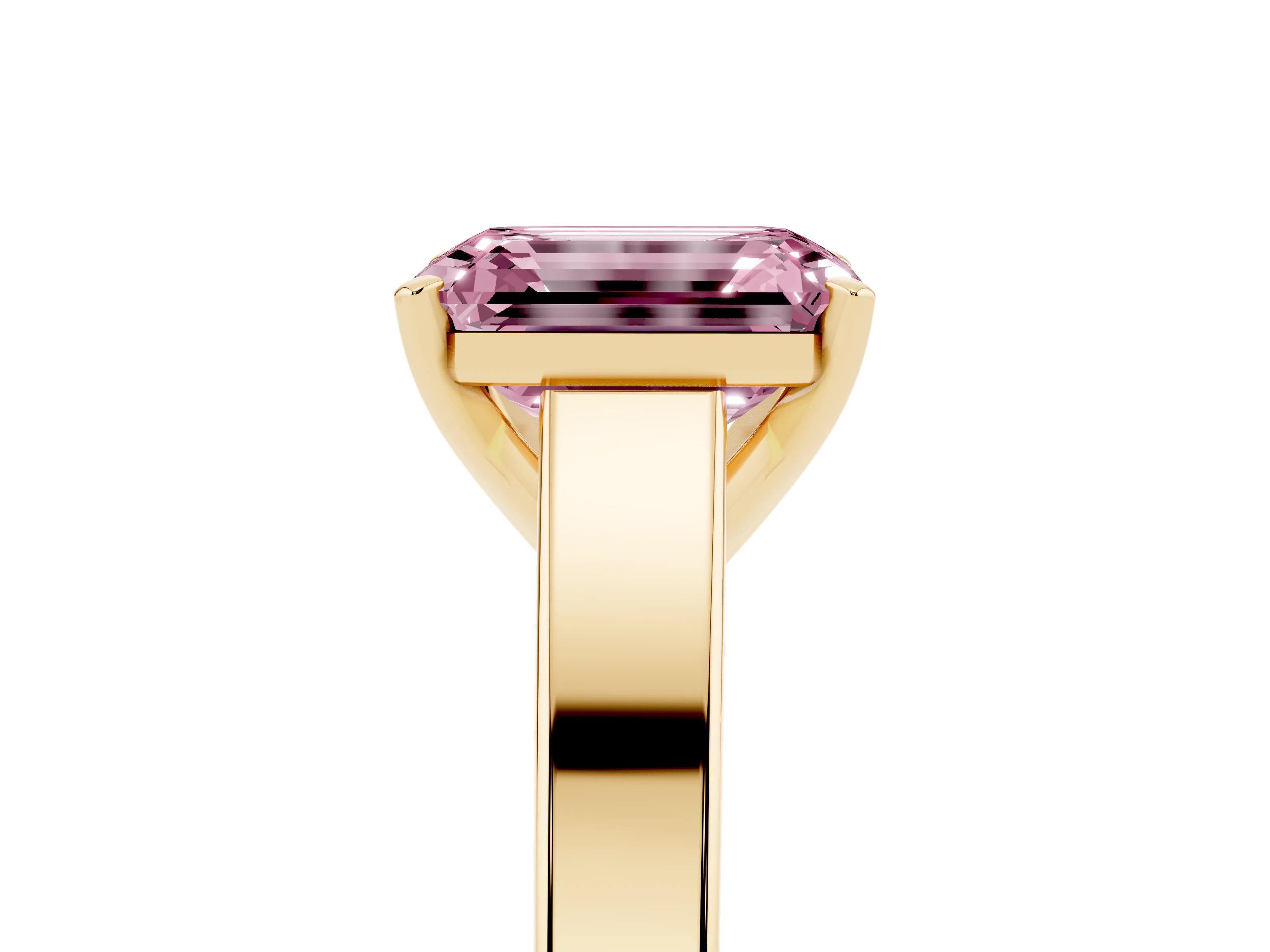 Fancy Pink Emerald Cut Diamond Solitaire Engagement Ring Set in Yellow gold with Prong Setting and Tapered Band