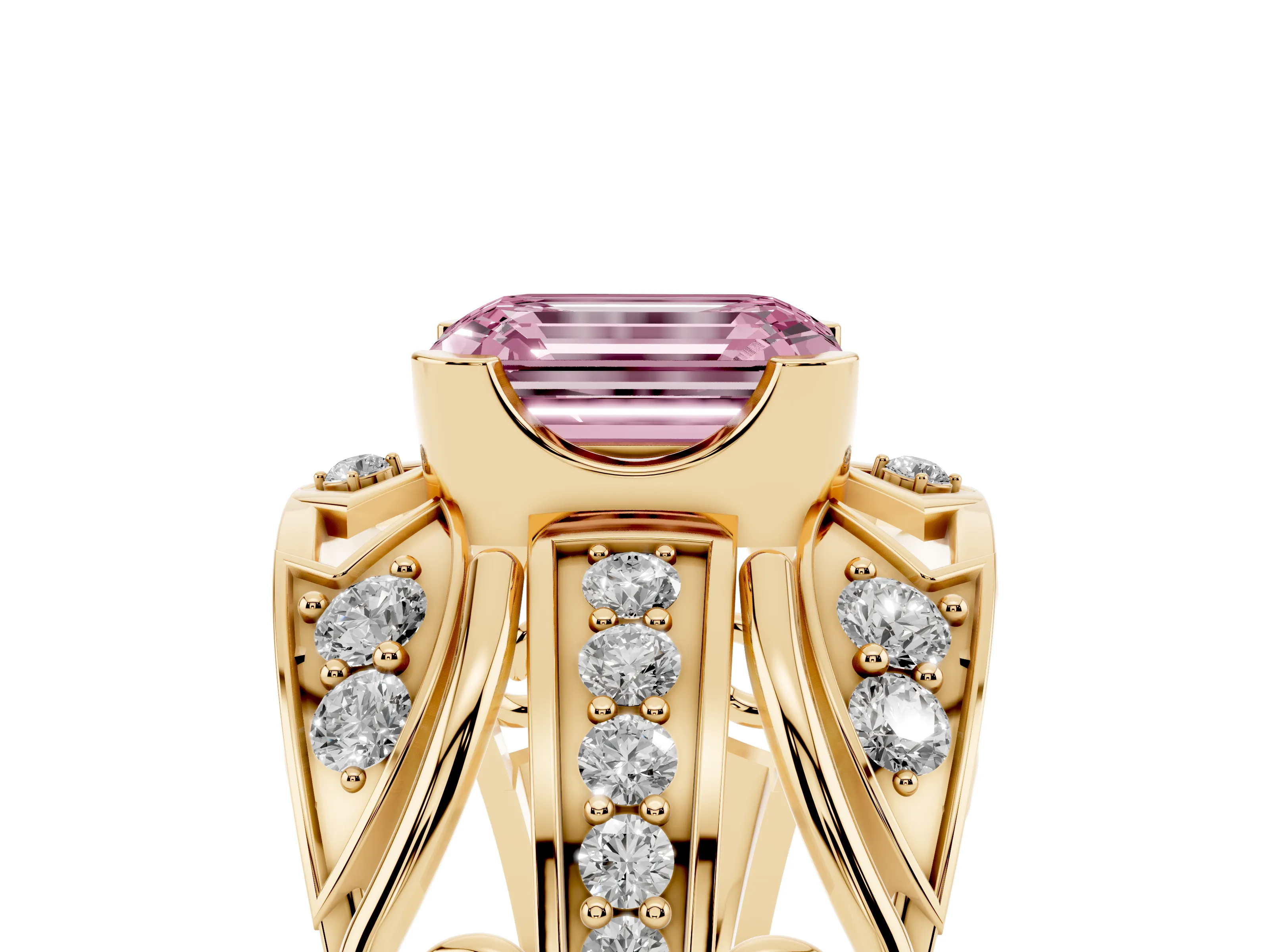 Fancy Pink Emerald Cut Diamond Art Deco Ring Set in Yellow gold with Pavé Split Shank