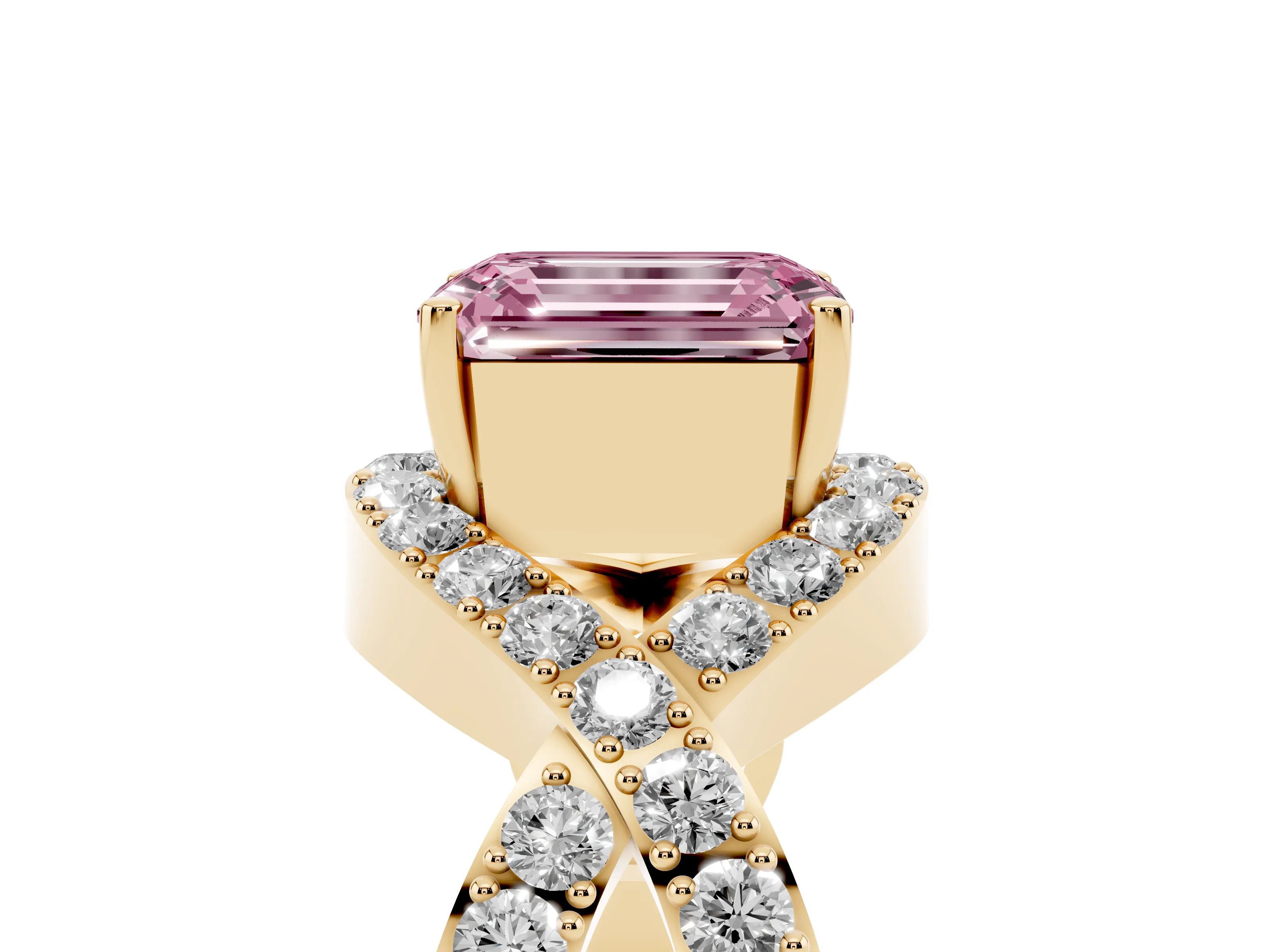 Fancy Pink Emerald Cut Diamond Solitaire Twist Band Pavé Engagement Ring Set in Yellow gold