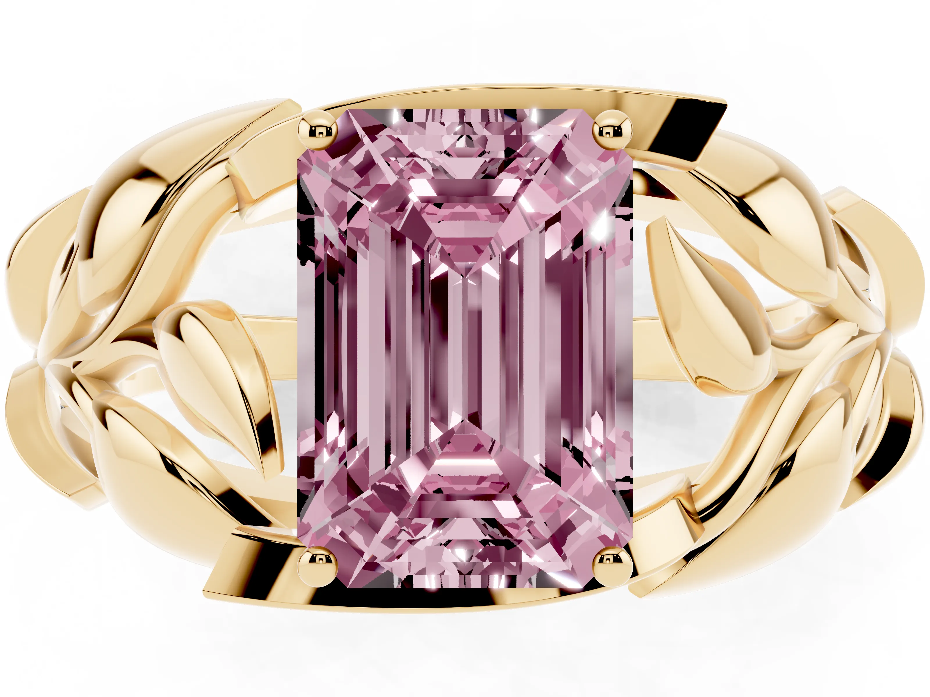 Fancy Pink Emerald Cut Diamond Leaf-Inspired Engagement Ring Set in Yellow gold with Round Accents