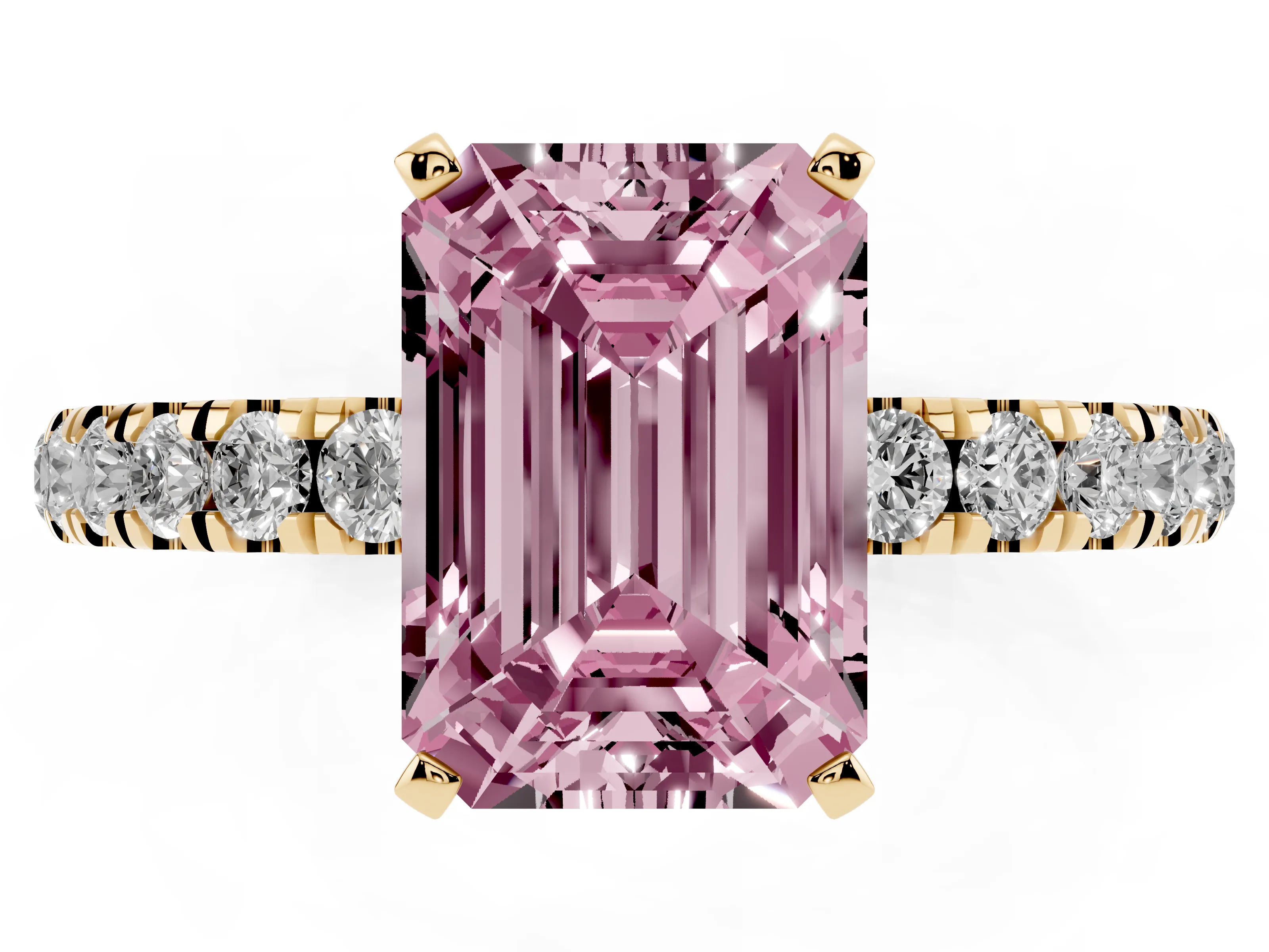 Fancy Pink Emerald Cut Diamond Solitaire Ring Set in Yellow gold with Pavé Accents and Prong Setting