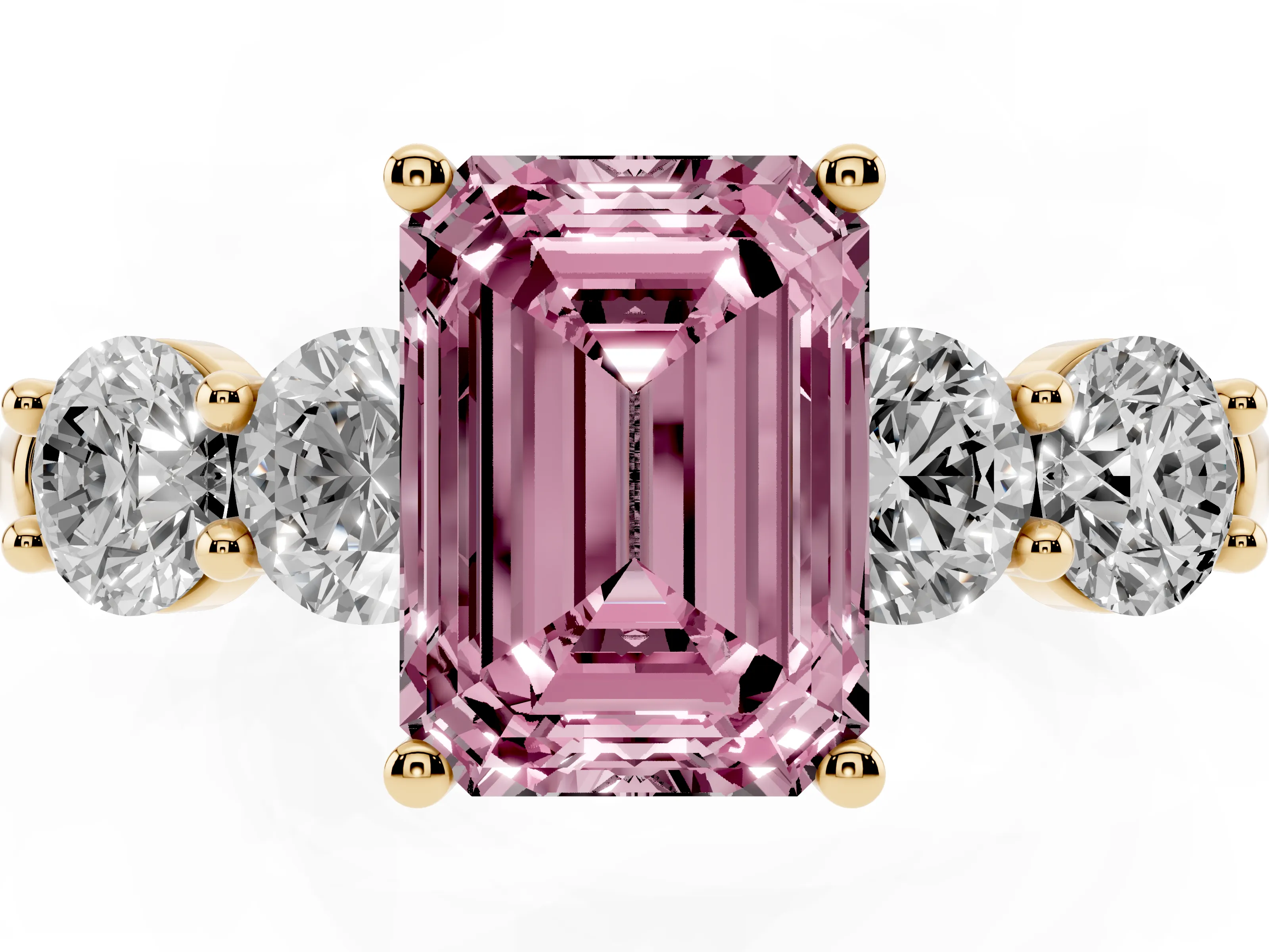Fancy Pink Emerald Cut Diamond Five-Stone Prong Set Ring Set in Yellow gold with Classic Band