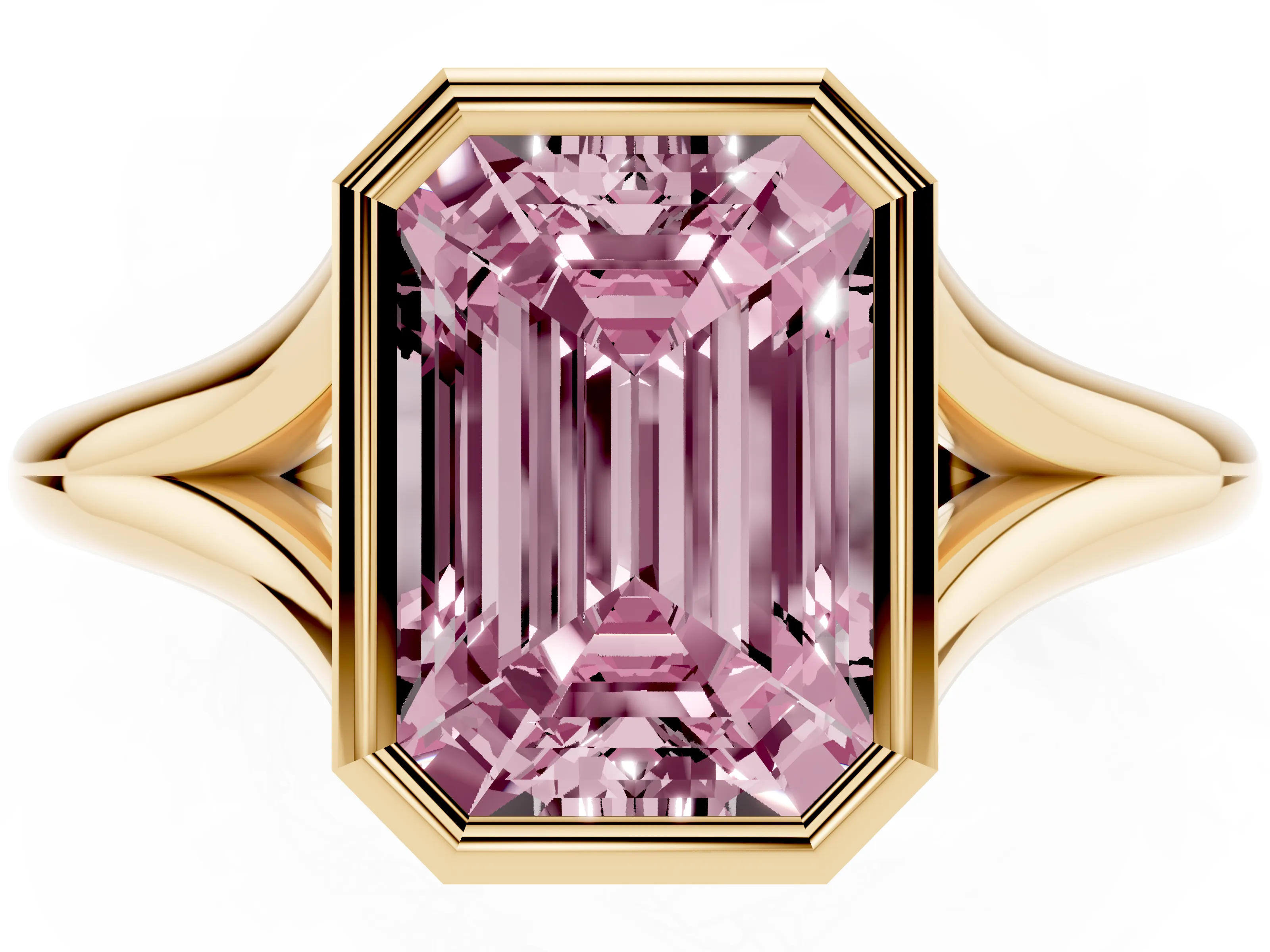 Fancy Pink Bezel Set Emerald Cut Diamond Solitaire Ring Set in Yellow gold with Tapered Band
