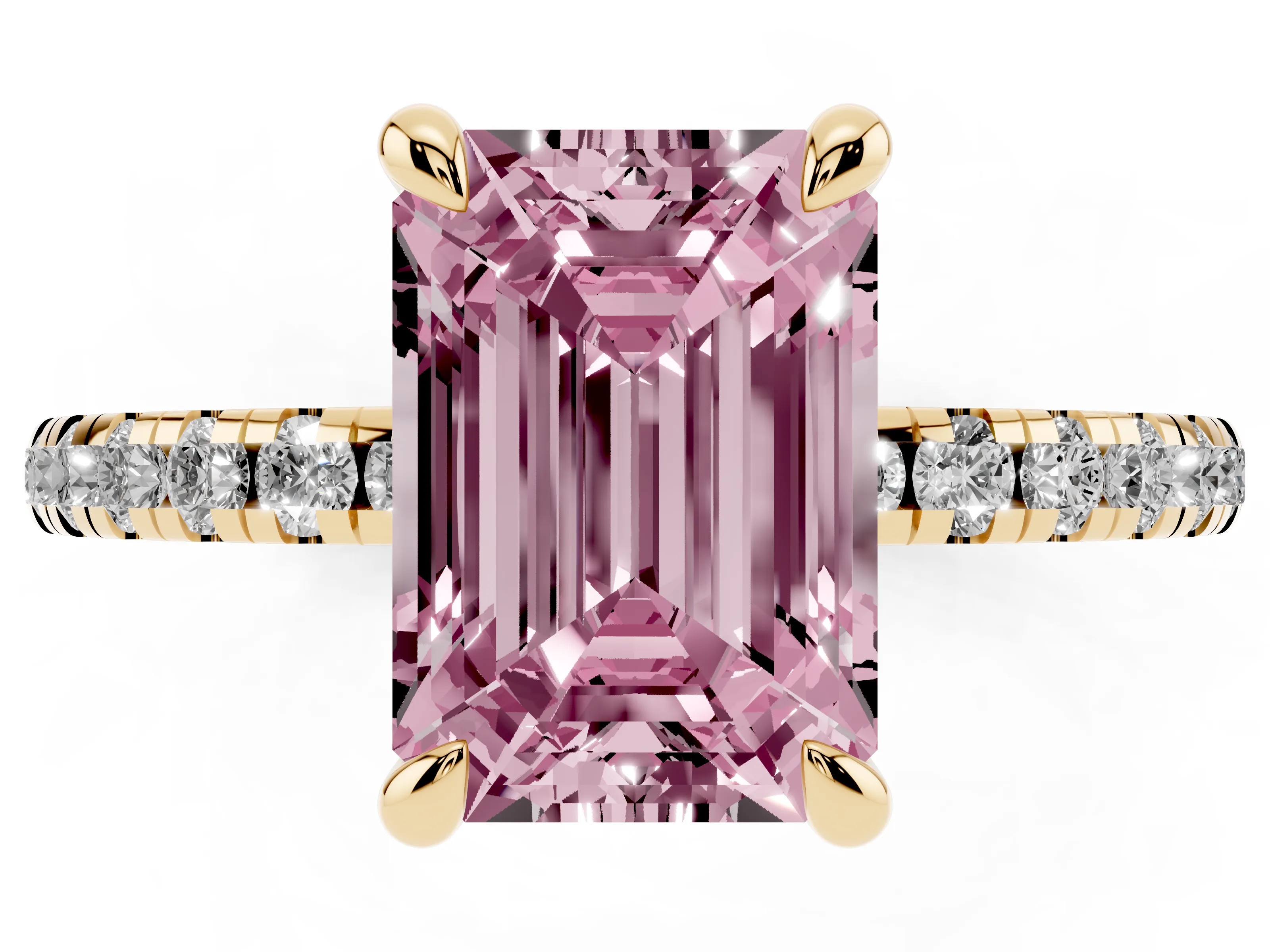 Fancy Pink Emerald Cut Diamond Brilliant Solitaire Ring Set in Yellow gold with Pavé Band and Prong Setting