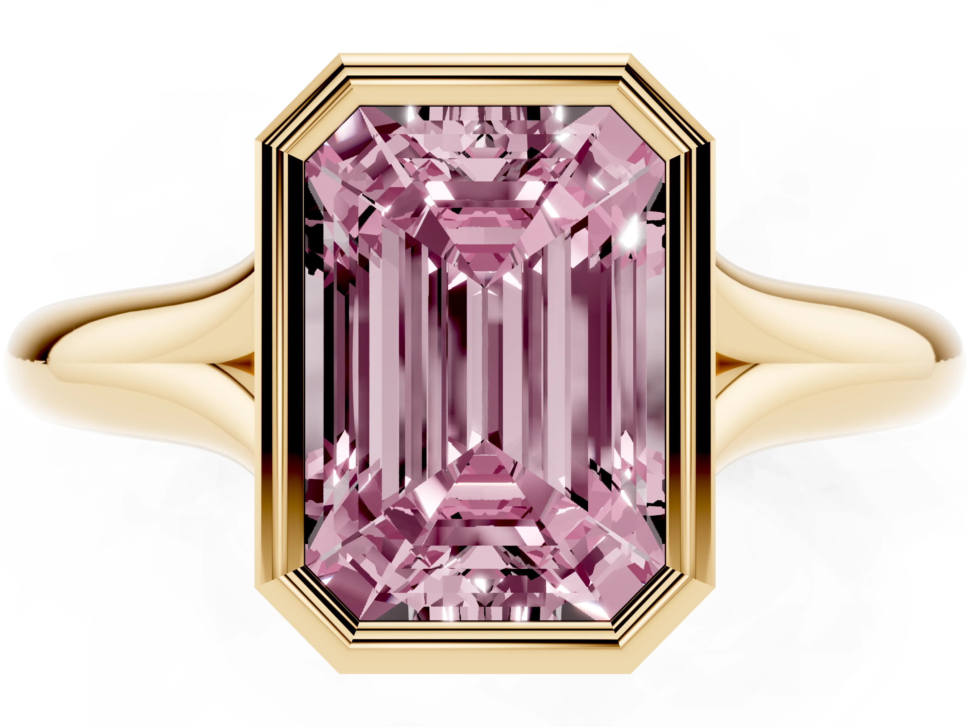 Fancy Pink Bezel Set Emerald Cut Diamond Solitaire Ring Set in Yellow gold with Smooth Band