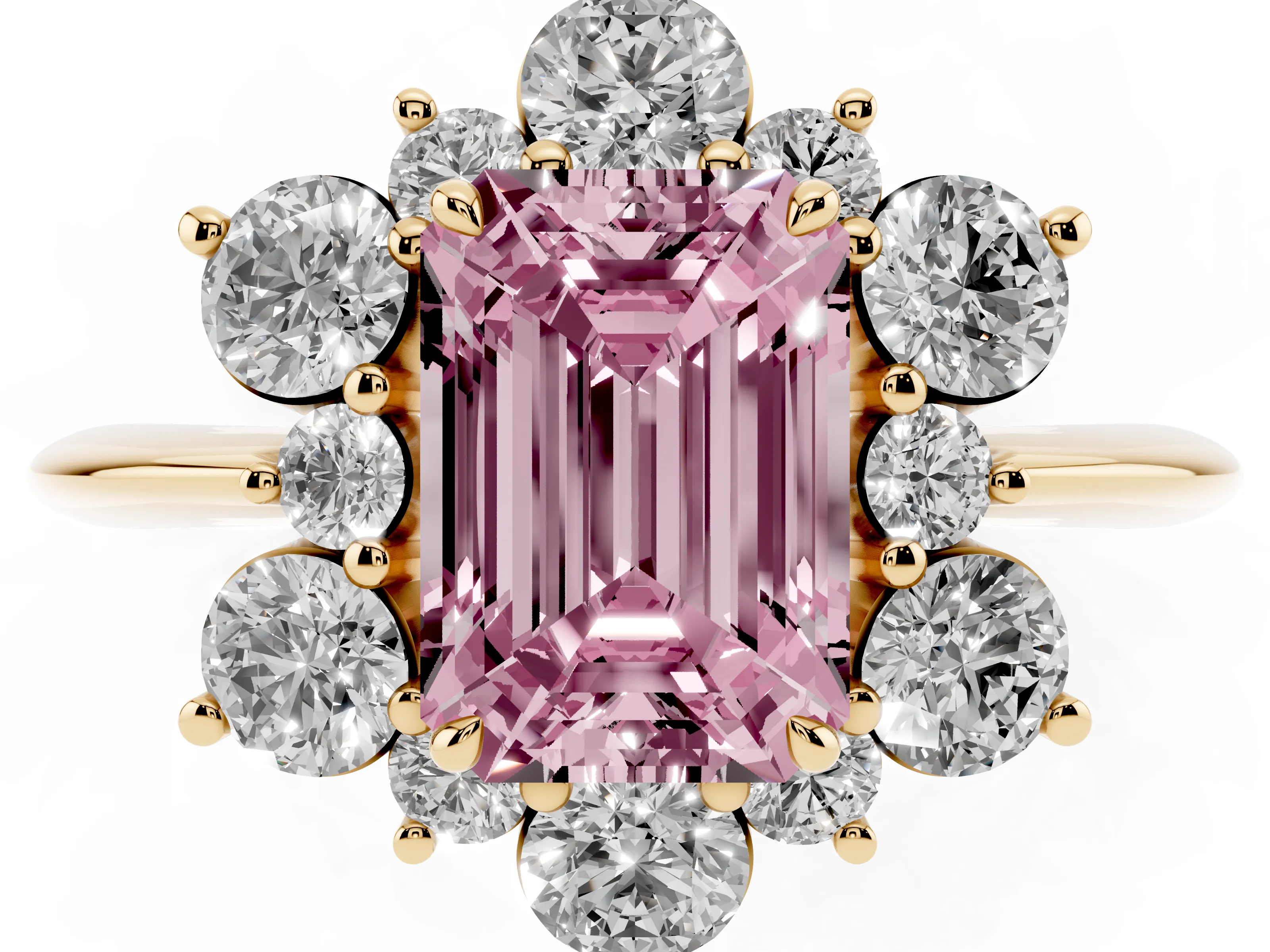 Fancy Pink Emerald Cut Diamond Cluster Halo Ring Set in Yellow gold with Solitaire Band and Prong Setting