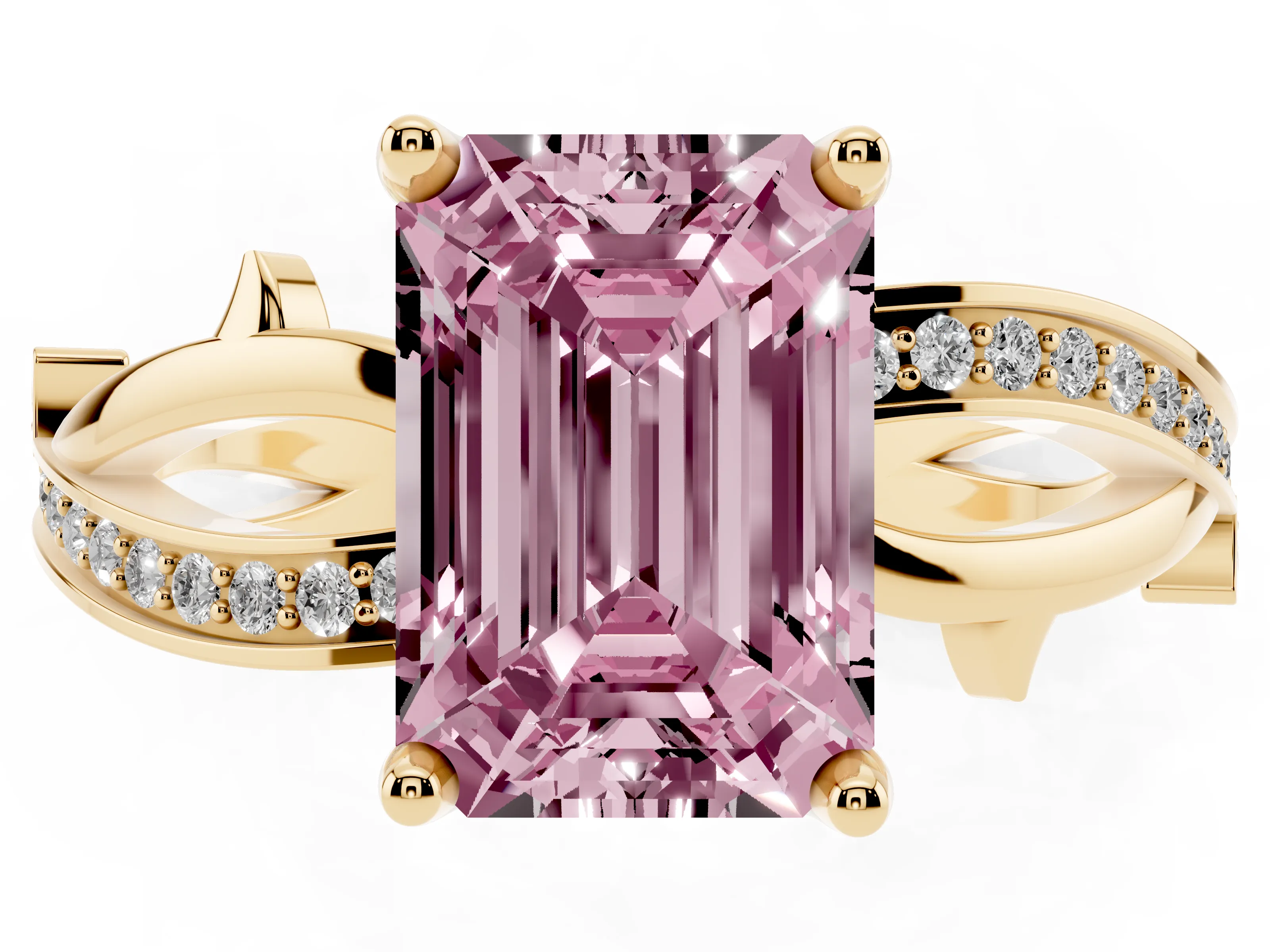 Fancy Pink Emerald Cut Diamond Pavé Twist Band Solitaire Ring Set in Yellow gold with Prong Setting