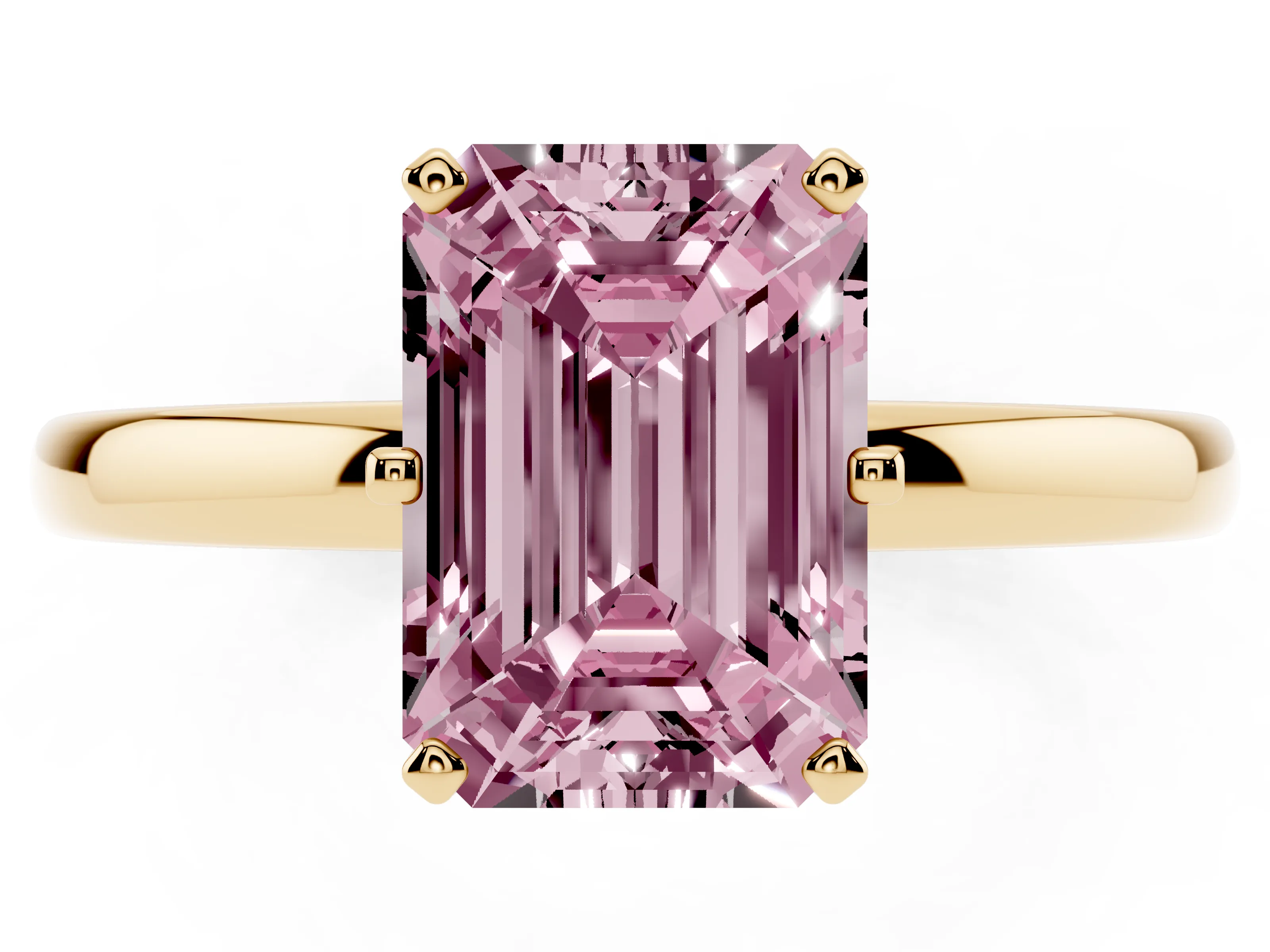 Fancy Pink Emerald Cut Diamond Solitaire Ring Set in Yellow gold with Raised Prong Setting on a Classic Band
