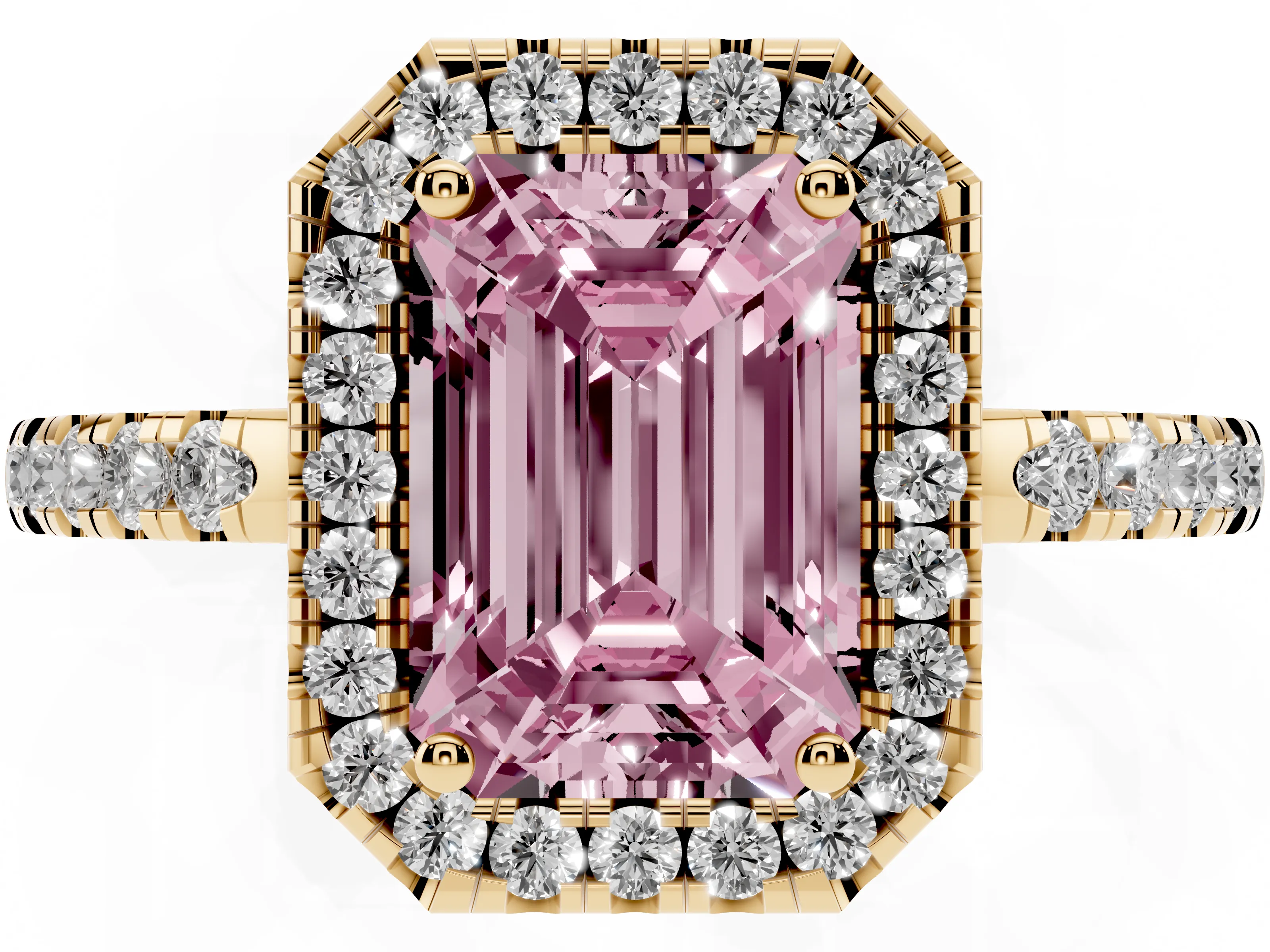 Fancy Pink Emerald Cut Diamond Pavé Band Halo Engagement Ring Set in Yellow gold with Prong Setting