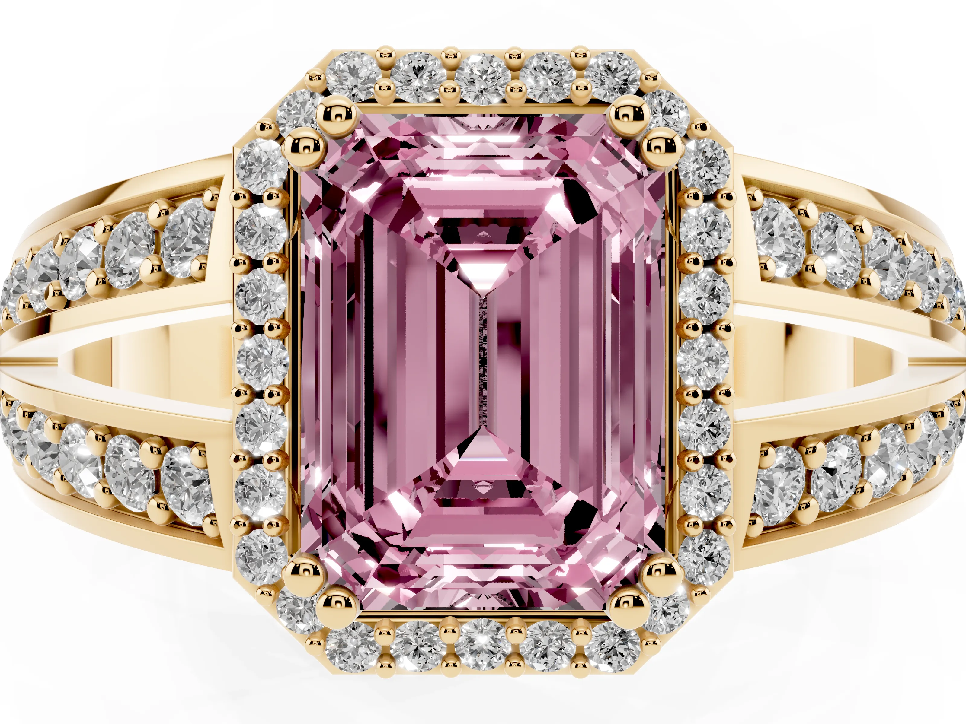Fancy Pink Emerald Cut Diamond Halo Ring Set in Yellow gold with Double Pavé Split Shank