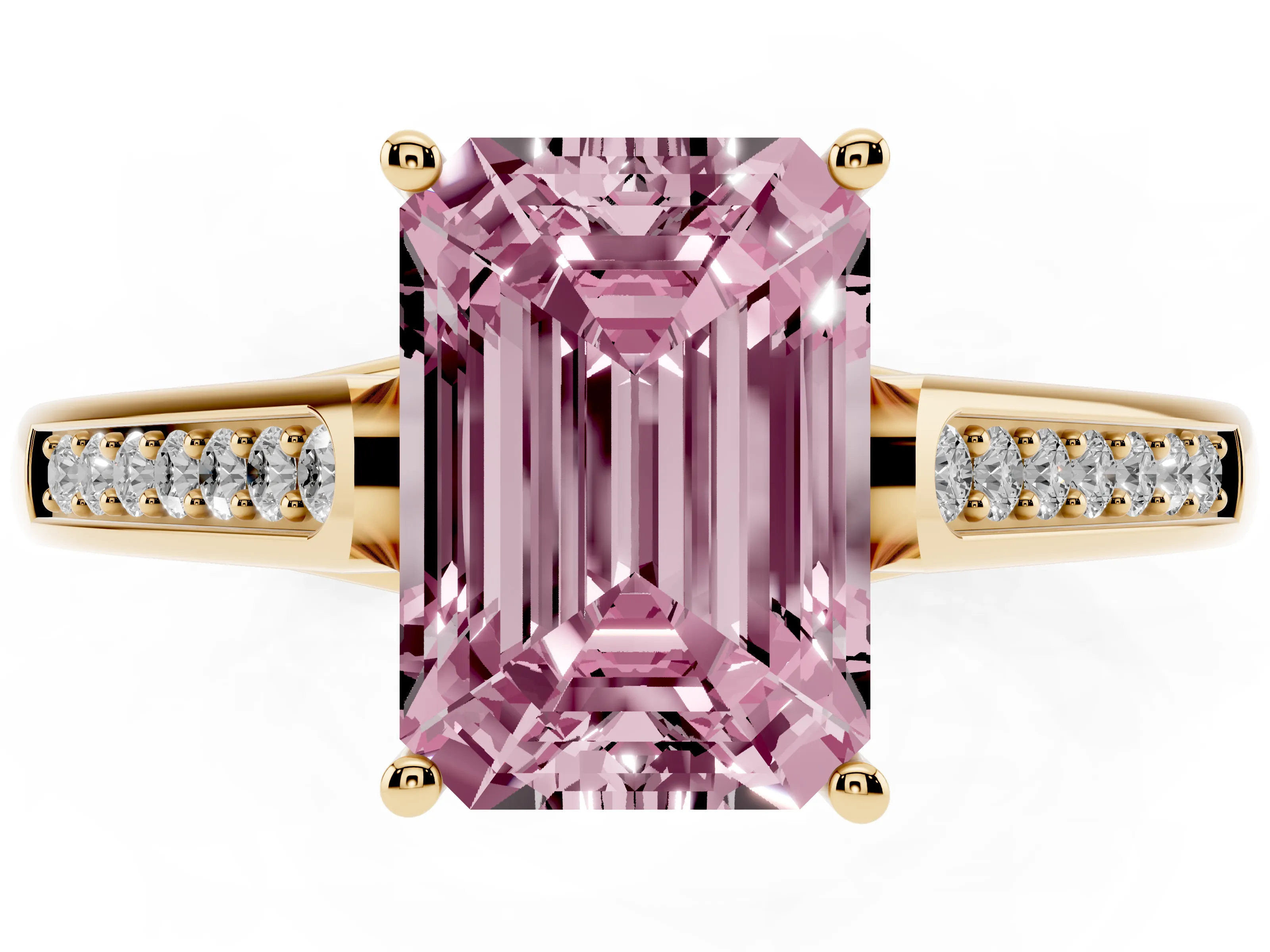 Fancy Pink Emerald Cut Diamond Solitaire Cathedral Engagement Ring Set in Yellow gold with Channel-Set Band and Prong Setting