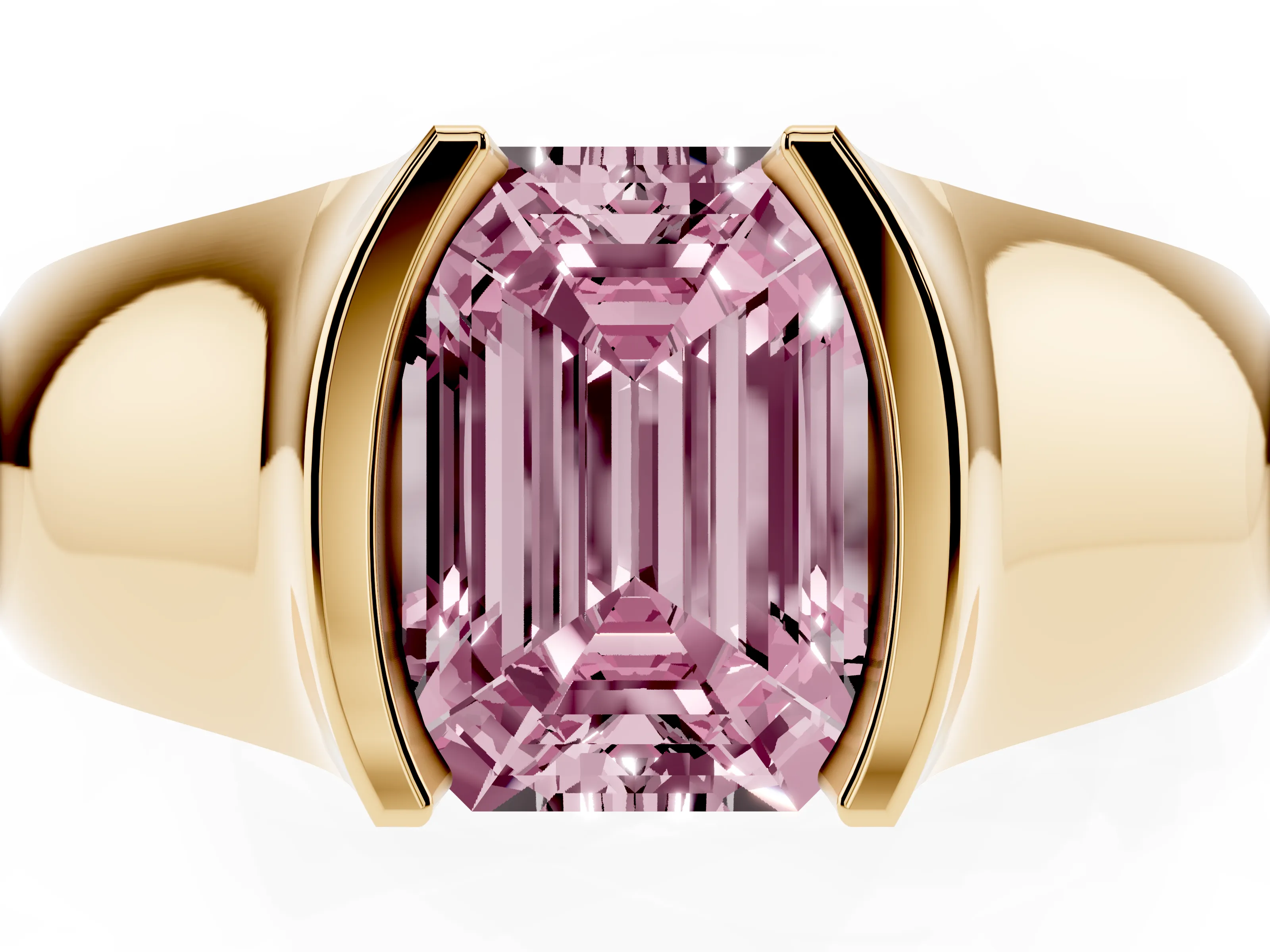 Fancy Pink Emerald Cut Diamond Bezel Solitaire Ring Set in Yellow gold with Wide Band