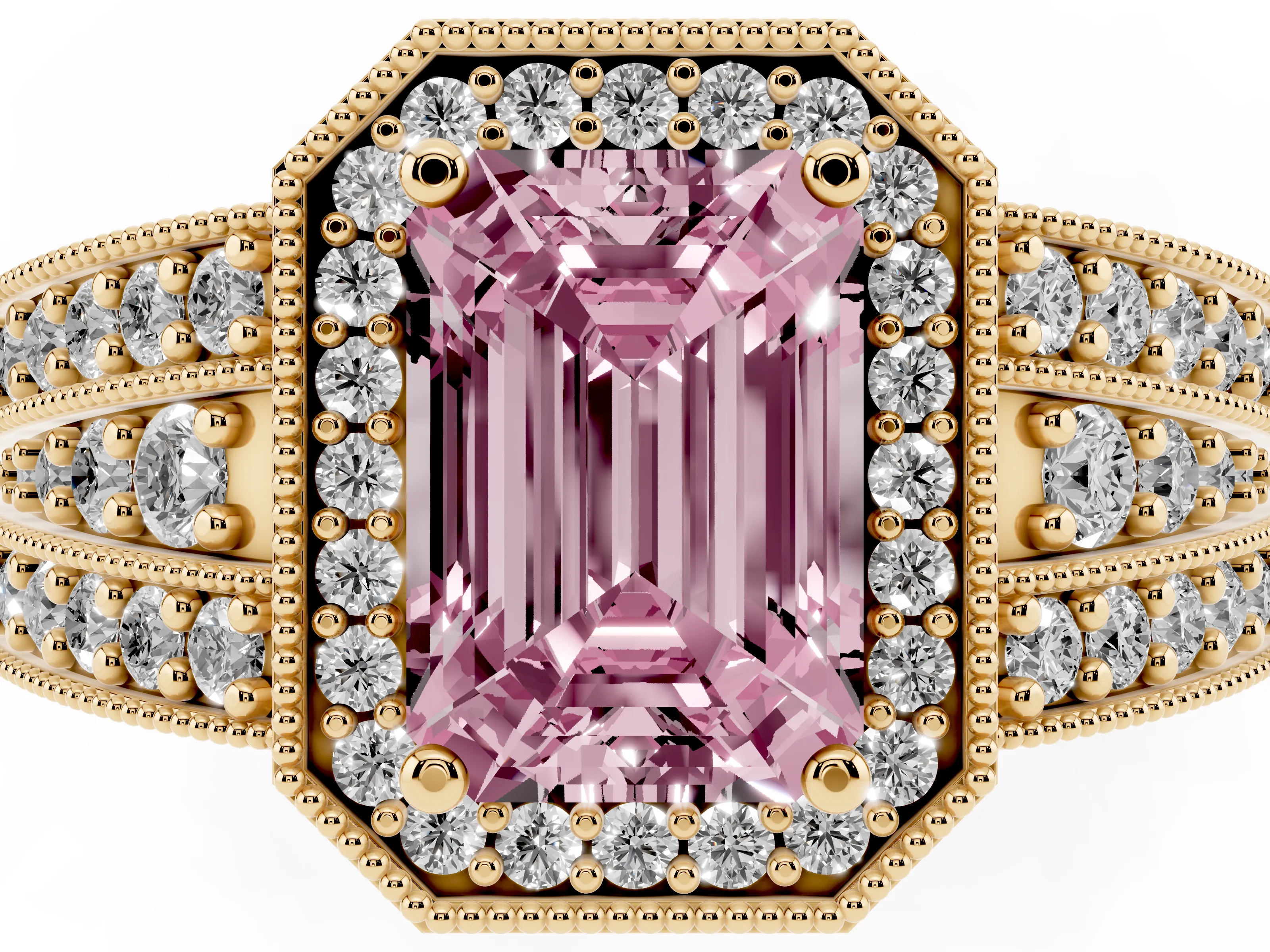 Fancy Pink Emerald Cut Diamond Halo Ring Set in Yellow gold with Accent Split Shank and Prong Setting