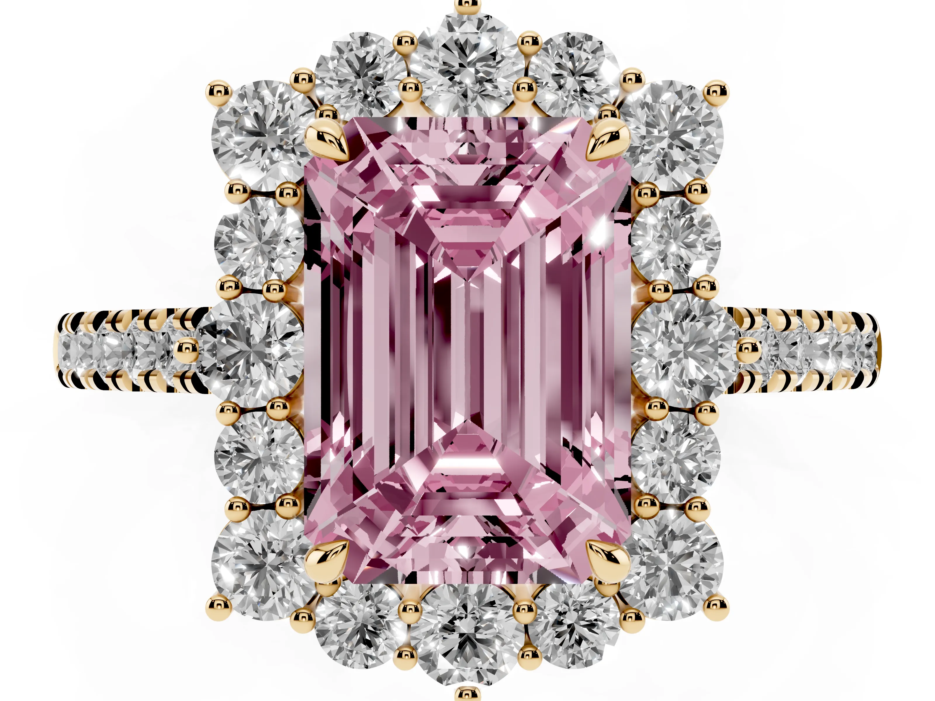Fancy Pink Emerald Cut Diamond Halo Ring Set in Yellow gold with Pavé Band and Prong Setting