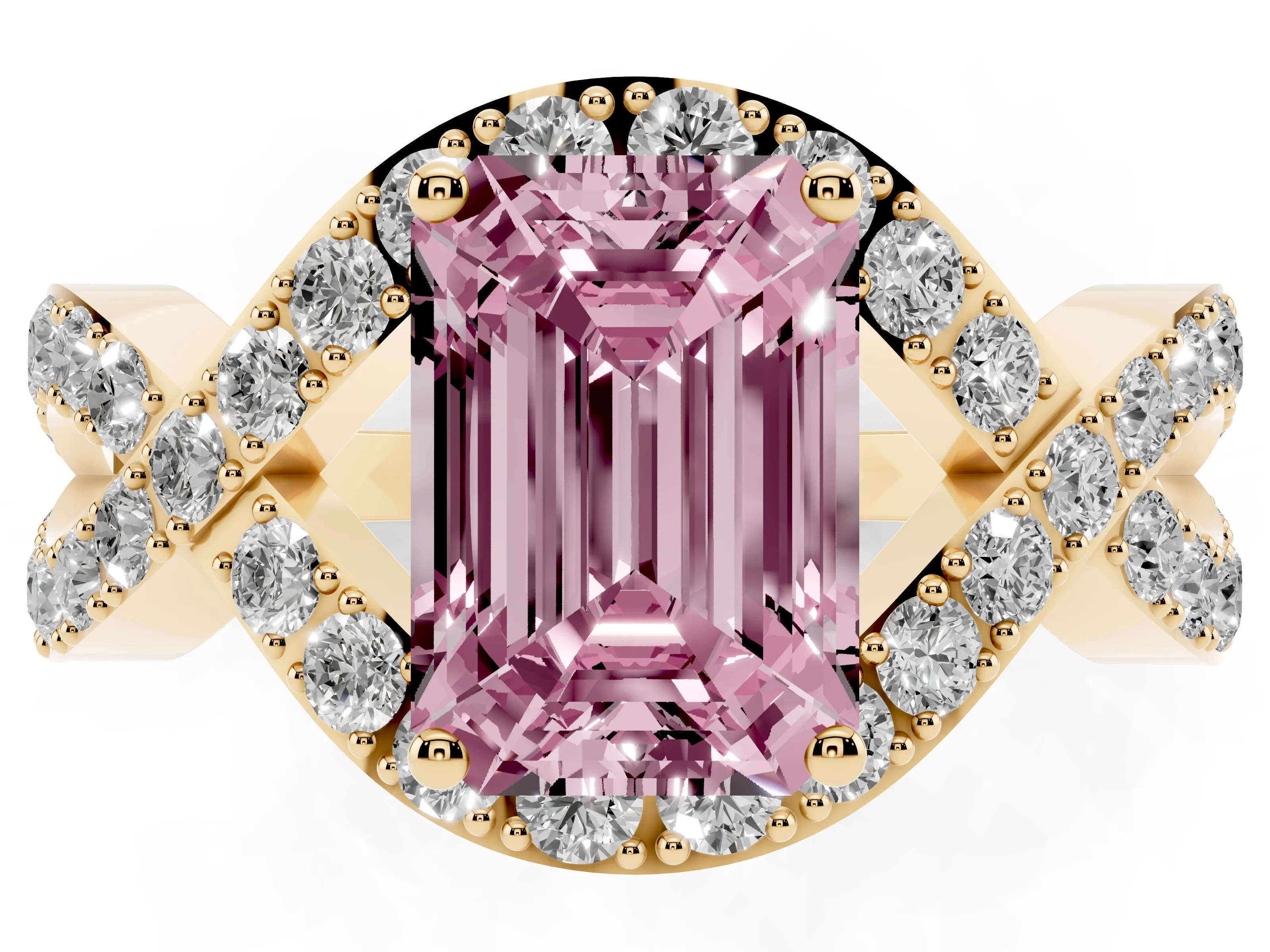 Fancy Pink Emerald Cut Diamond Solitaire Twist Band Pavé Engagement Ring Set in Yellow gold