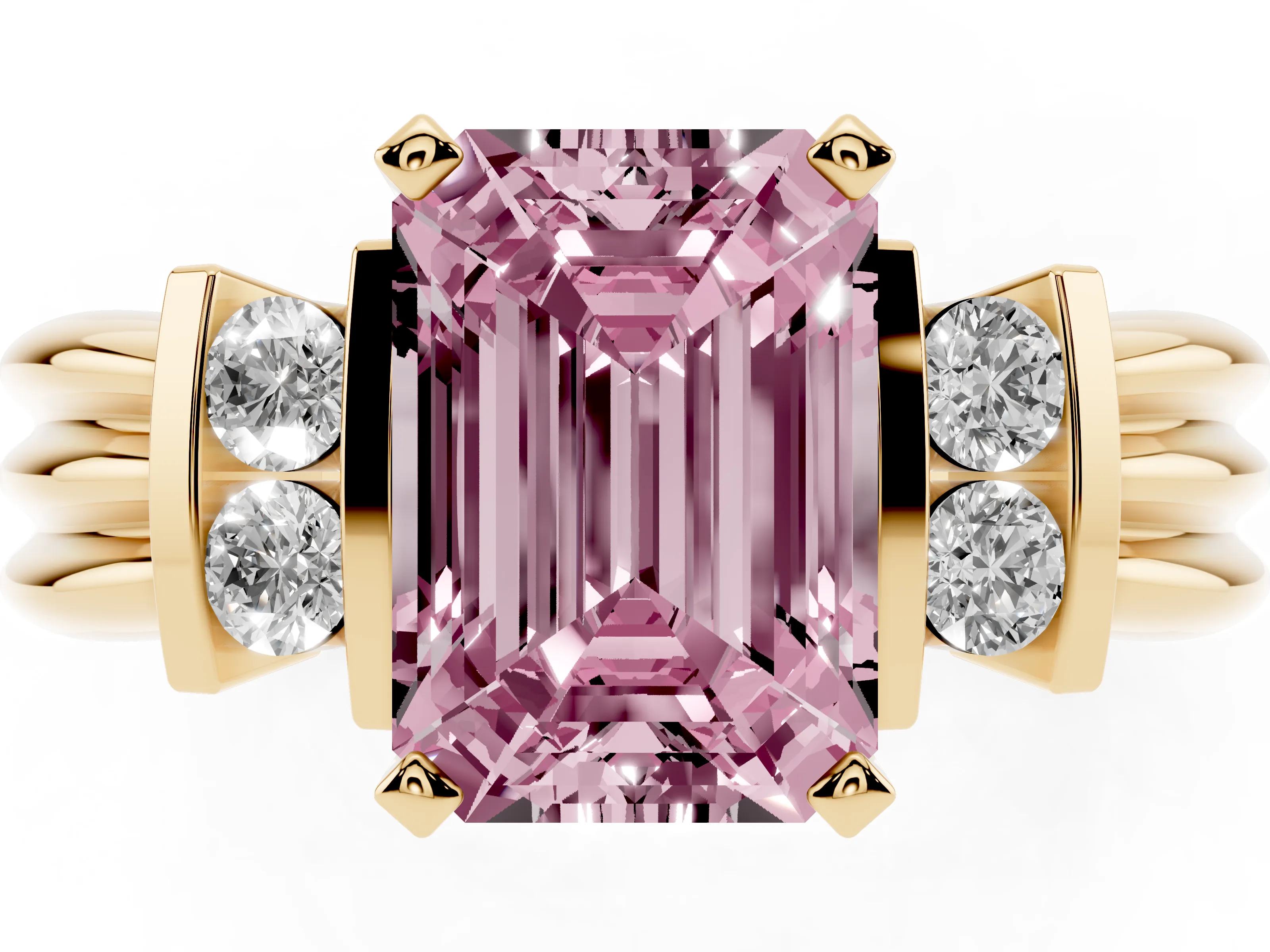 Fancy Pink Three-Stone Emerald Cut Diamond Channel Set Ring Set in Yellow gold with Bar Prongs