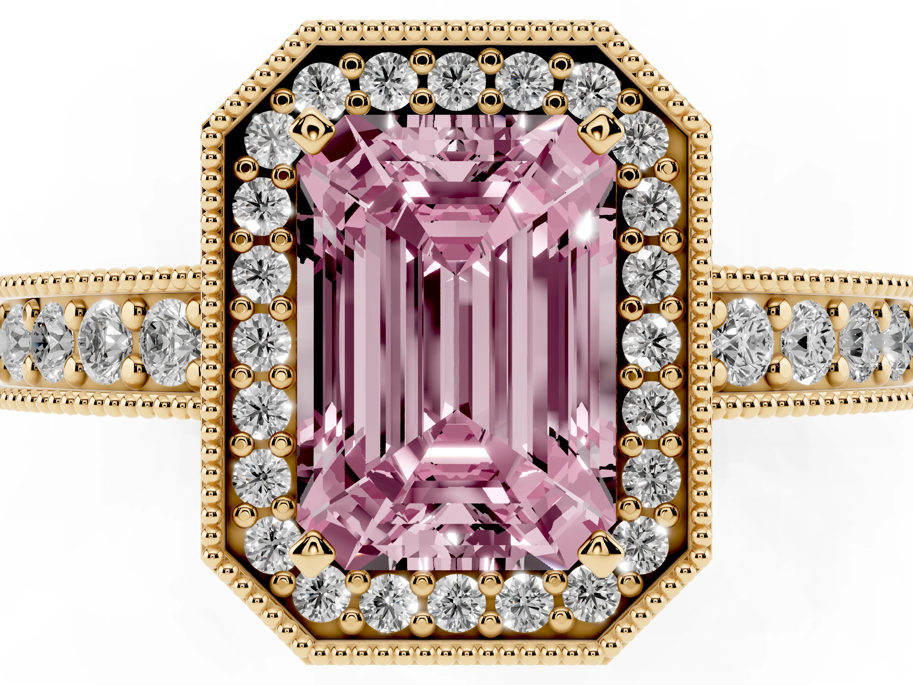 Fancy Pink Emerald Cut Diamond Halo Pavé Band Ring Set in Yellow gold with Prong-Set Center
