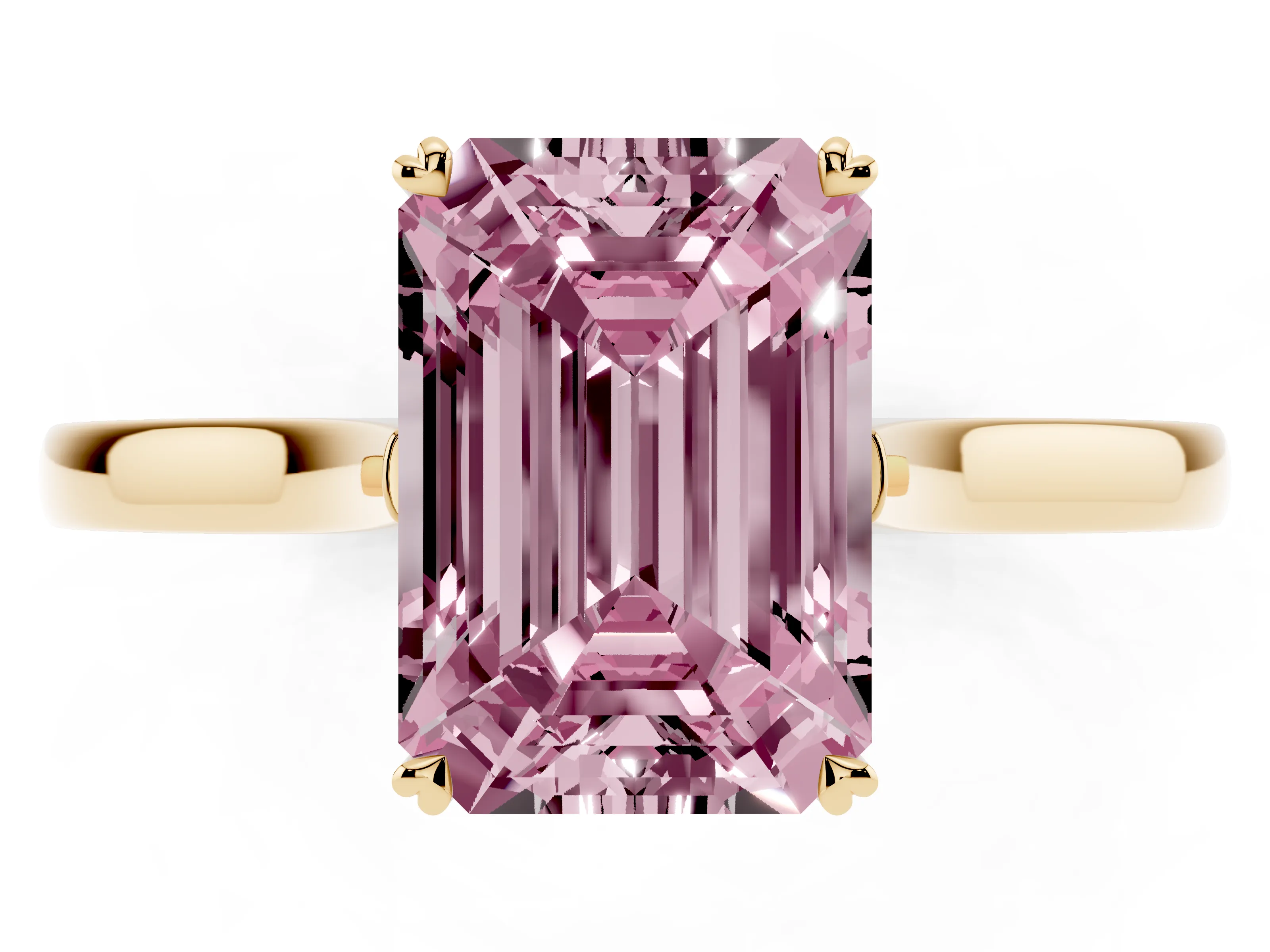 Fancy Pink Emerald Cut Diamond Solitaire Heart Prong Engagement Ring Set in Yellow gold with Tapered Band