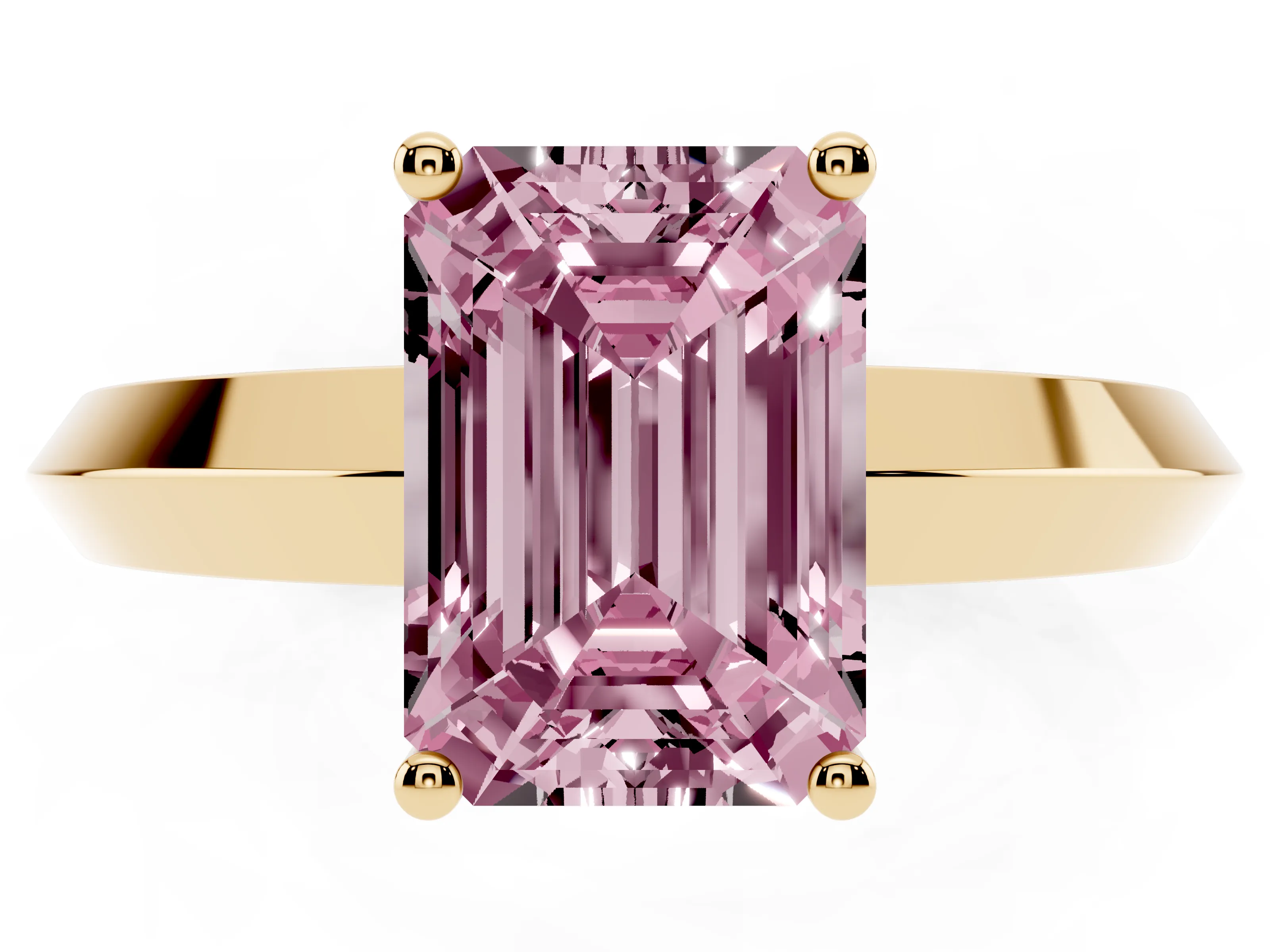 Fancy Pink Emerald Cut Diamond Solitaire Engagement Ring Set in Yellow gold with Flat Band and Prong Setting