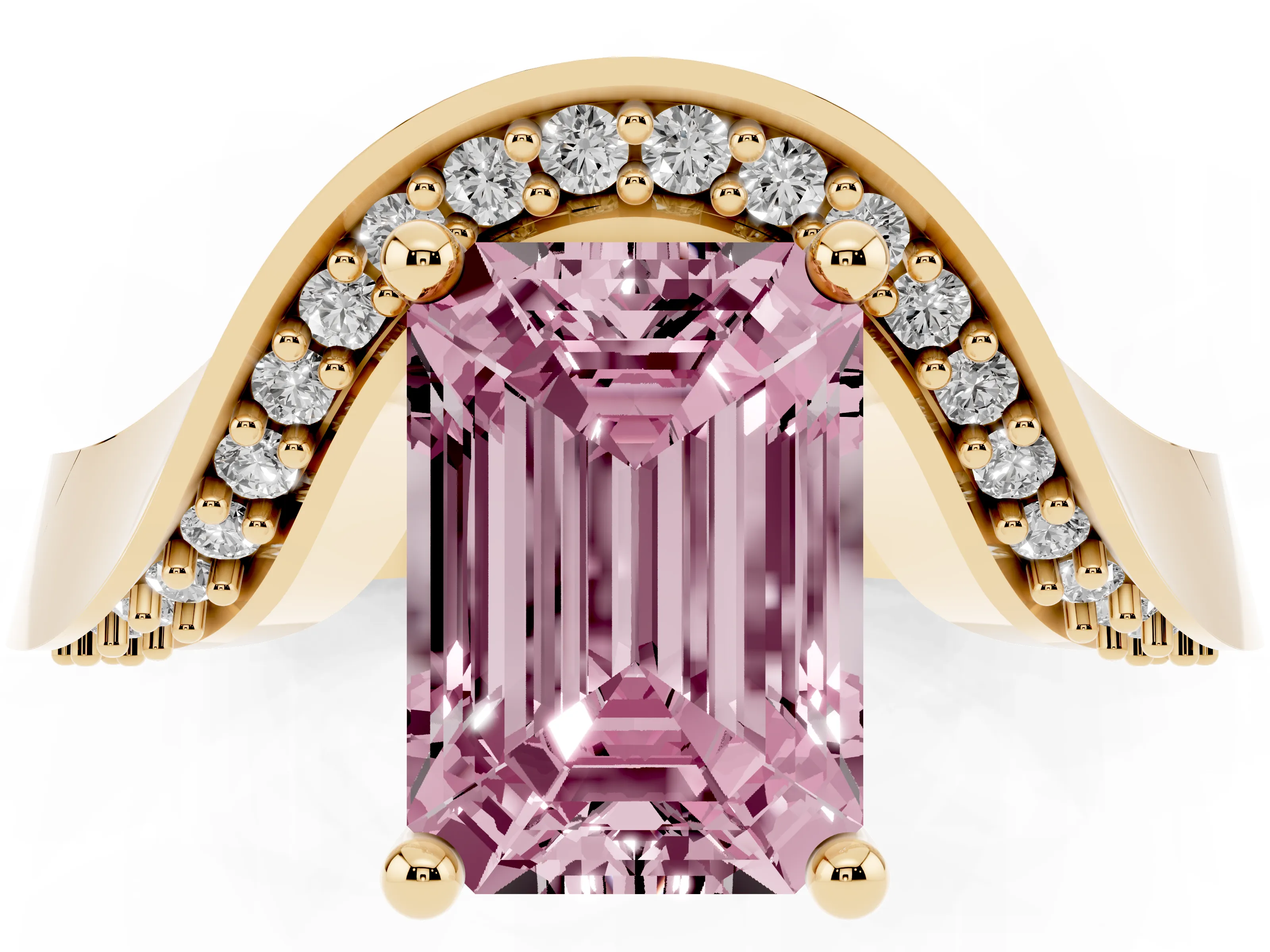 Fancy Pink Emerald Cut Diamond Solitaire Engagement Ring Set in Yellow gold with Pavé Shoulders