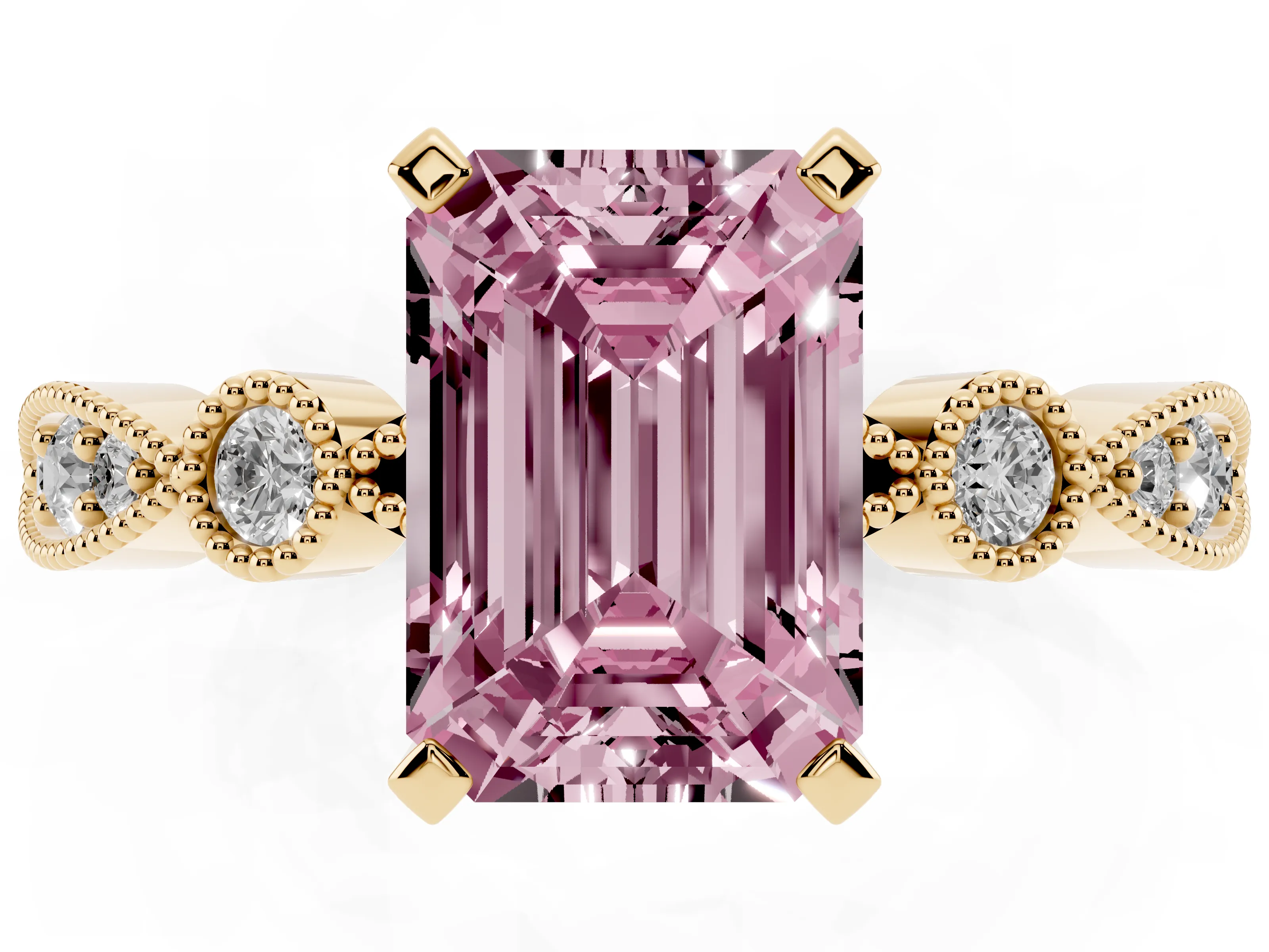 Fancy Pink Emerald Cut Diamond Solitaire Engagement Ring Set in Yellow gold with Milgrain Bezel Accent Band