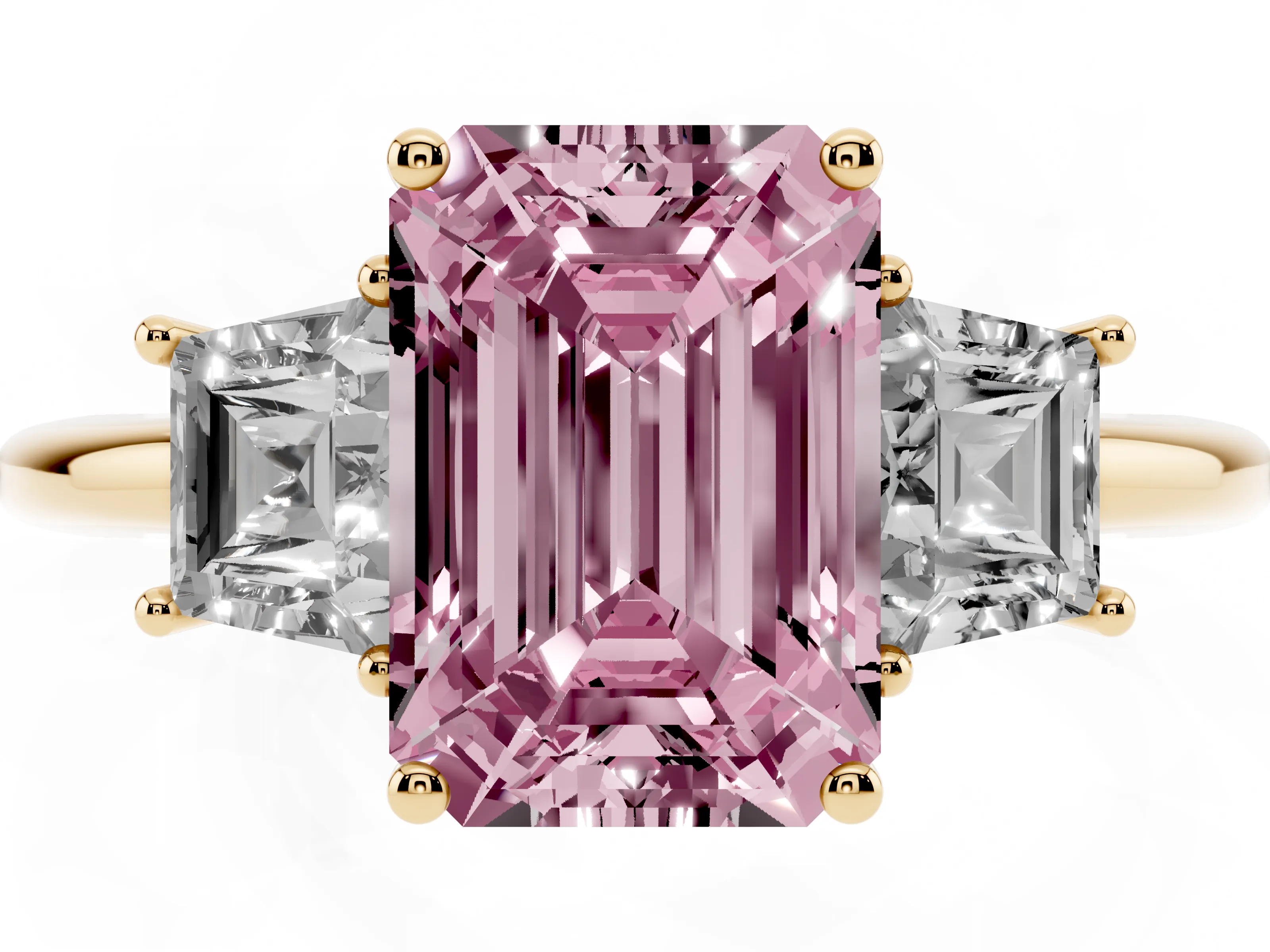 Fancy Pink Emerald Cut Diamond Three-Stone Ring Set in Yellow gold with Trapezoid Side Stones and Prong Setting