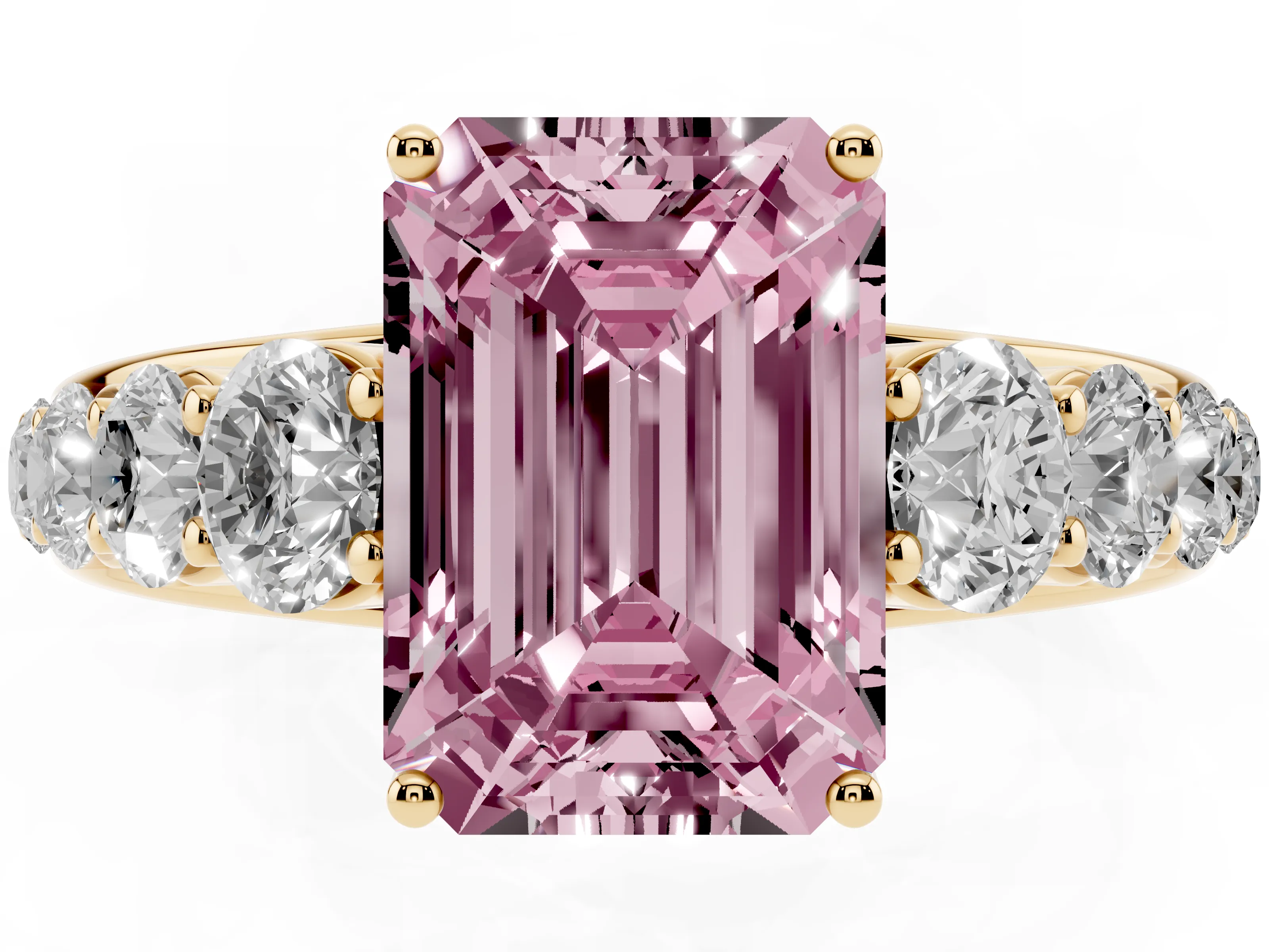 Fancy Pink Emerald Cut Diamond Solitaire Ring Set in Yellow gold with Pavé-Set Band and Prong Setting