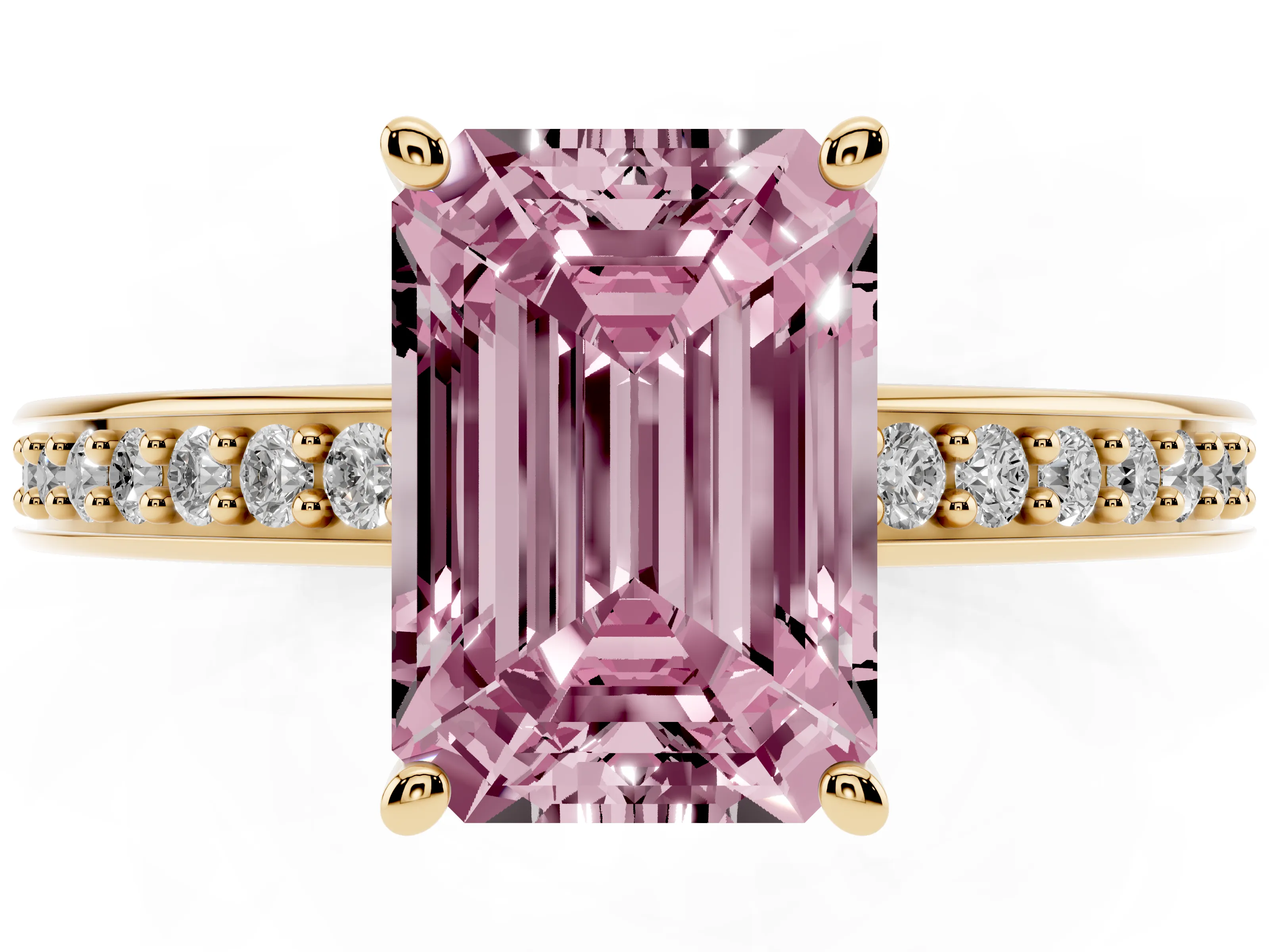 Fancy Pink Emerald Cut Diamond Pavé Band Prong Set Solitaire Ring Set in Yellow gold