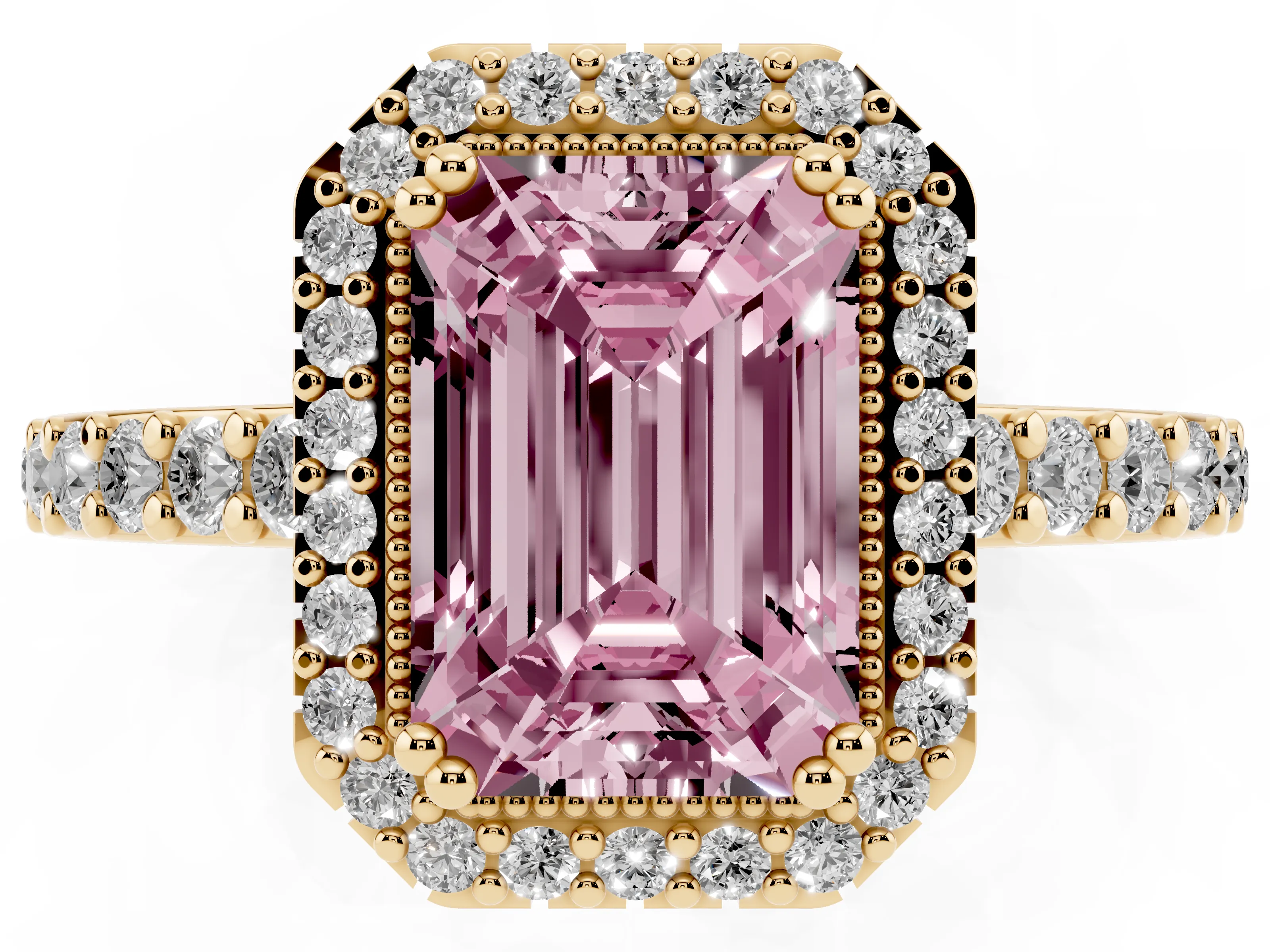Fancy Pink Emerald Cut Diamond Halo Engagement Ring Set in Yellow gold with Milgrain Detail and Pavé Band